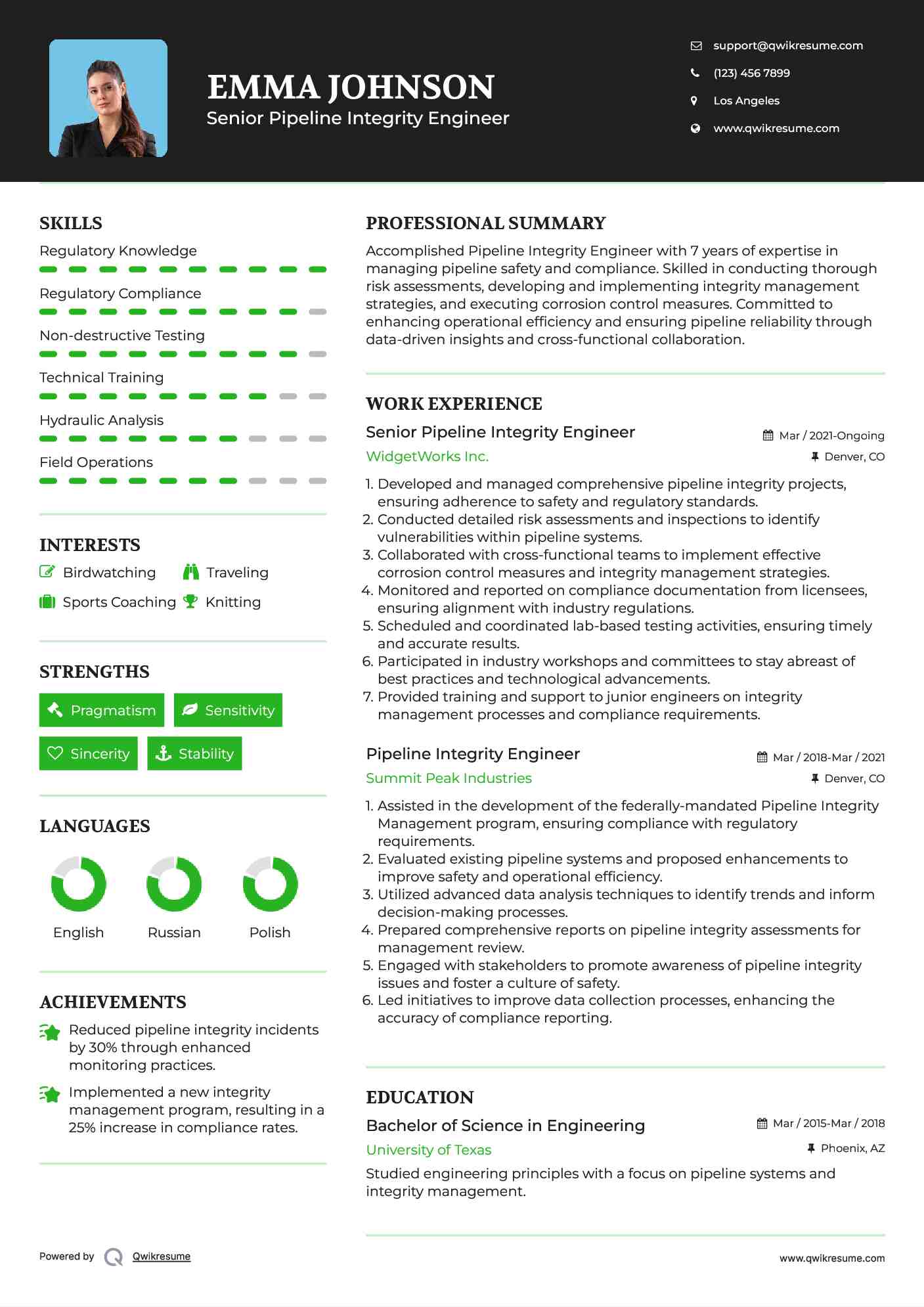 Senior Pipeline Integrity Engineer Resume Example