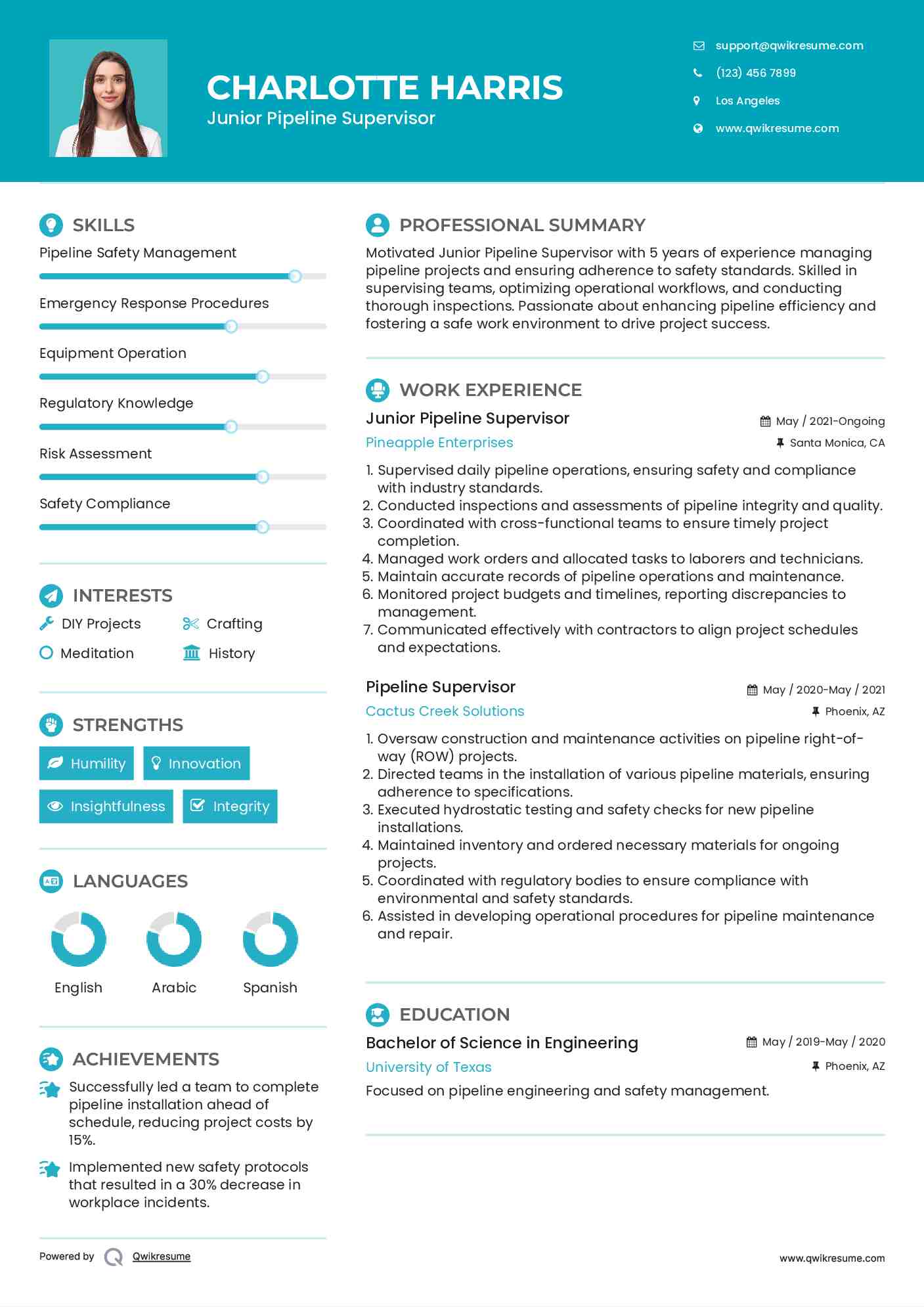 Junior Pipeline Supervisor Resume Sample