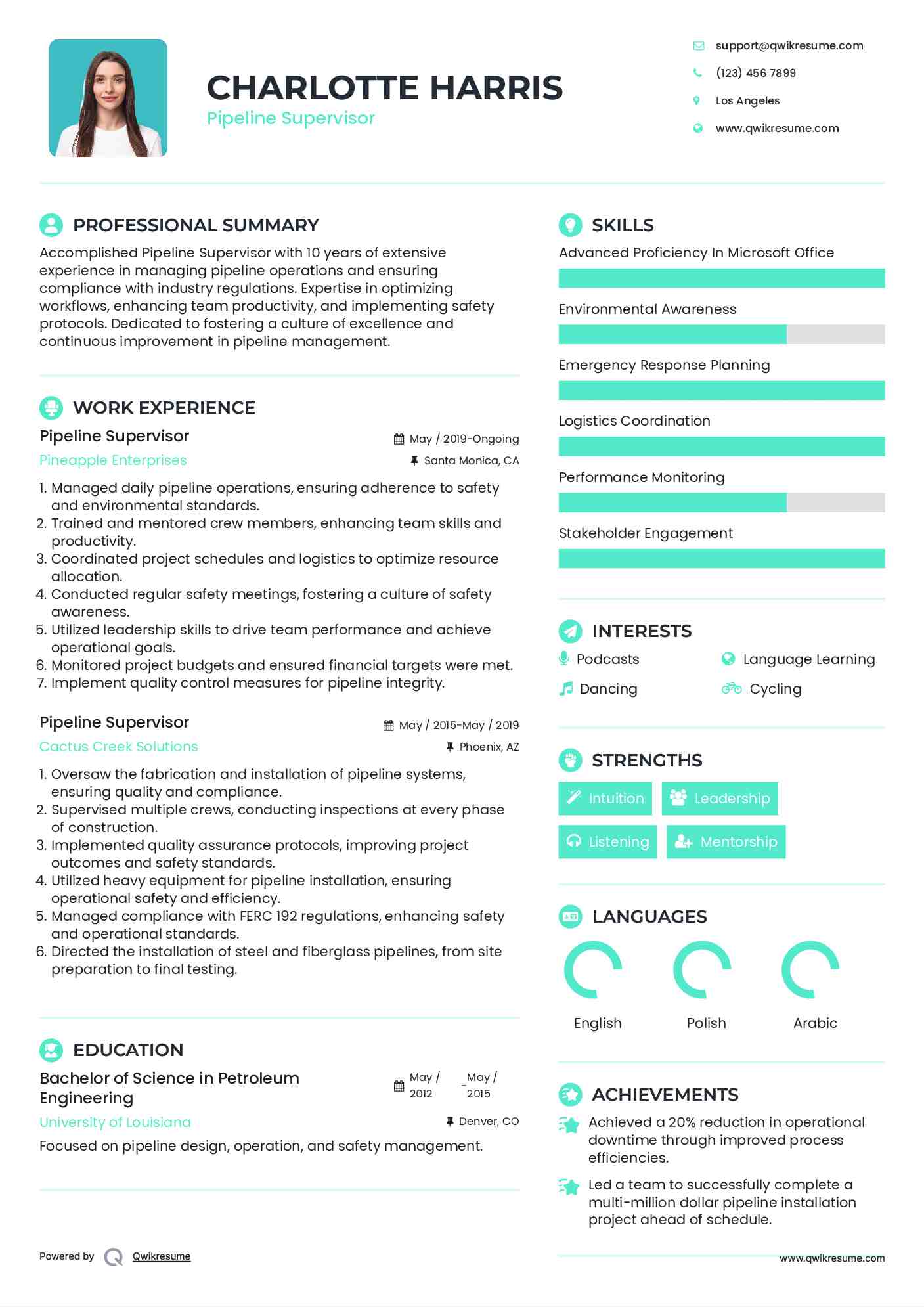 Pipeline Supervisor Resume Sample