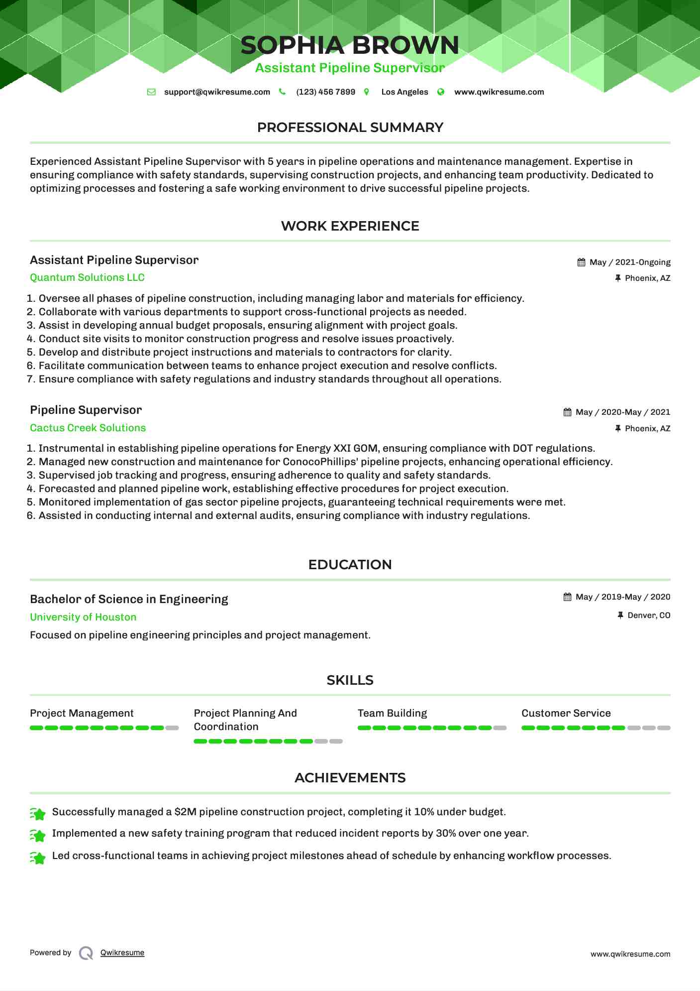 Assistant Pipeline Supervisor Resume Sample