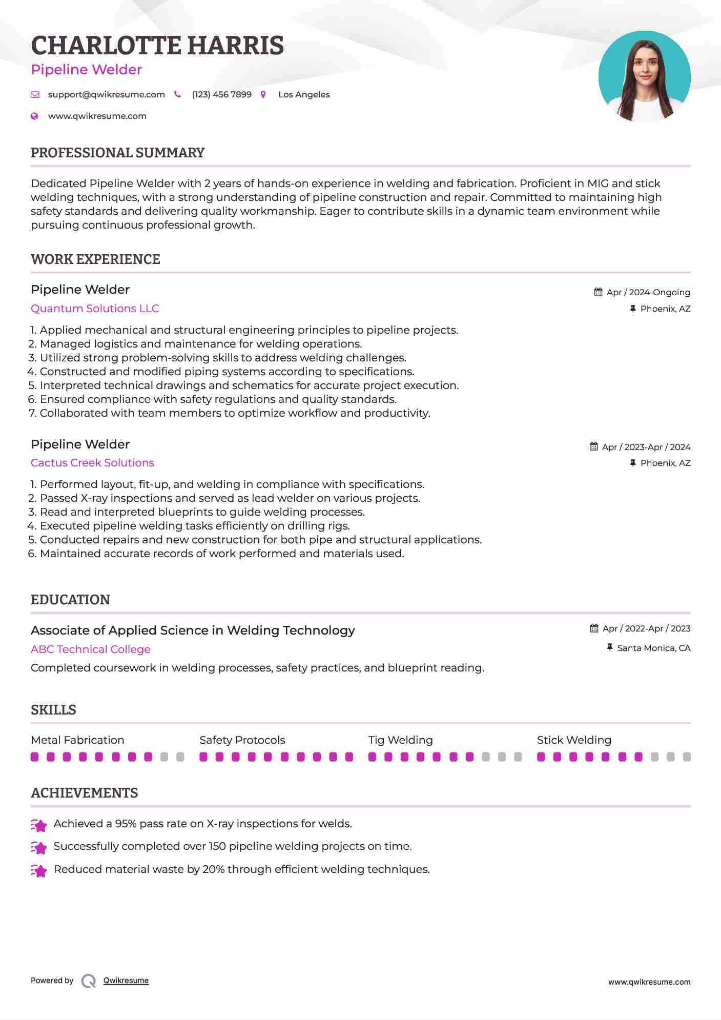 Pipeline Welder Resume Model