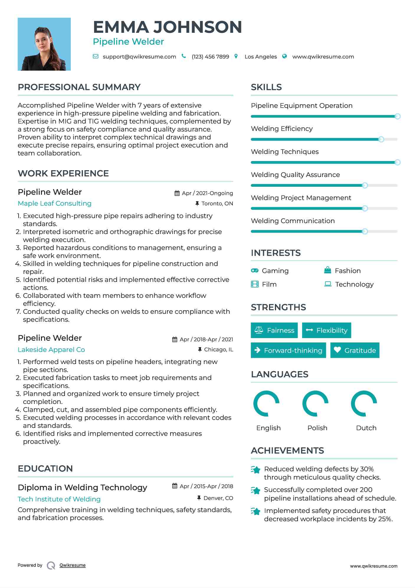 Pipeline Welder Resume Model