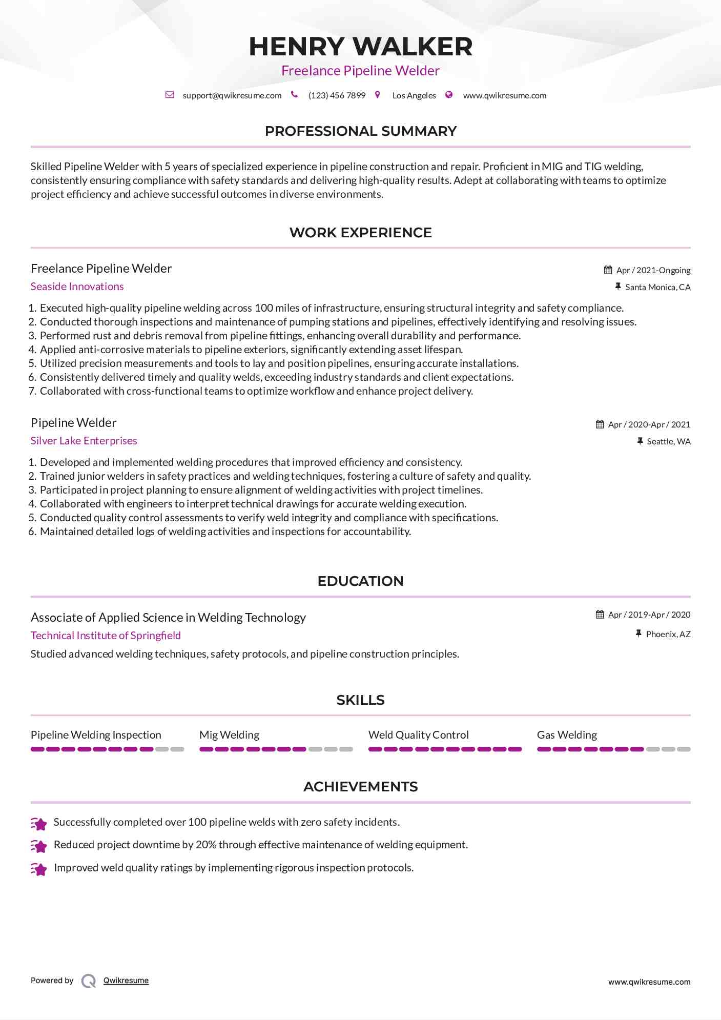 Freelance Pipeline Welder Resume Format