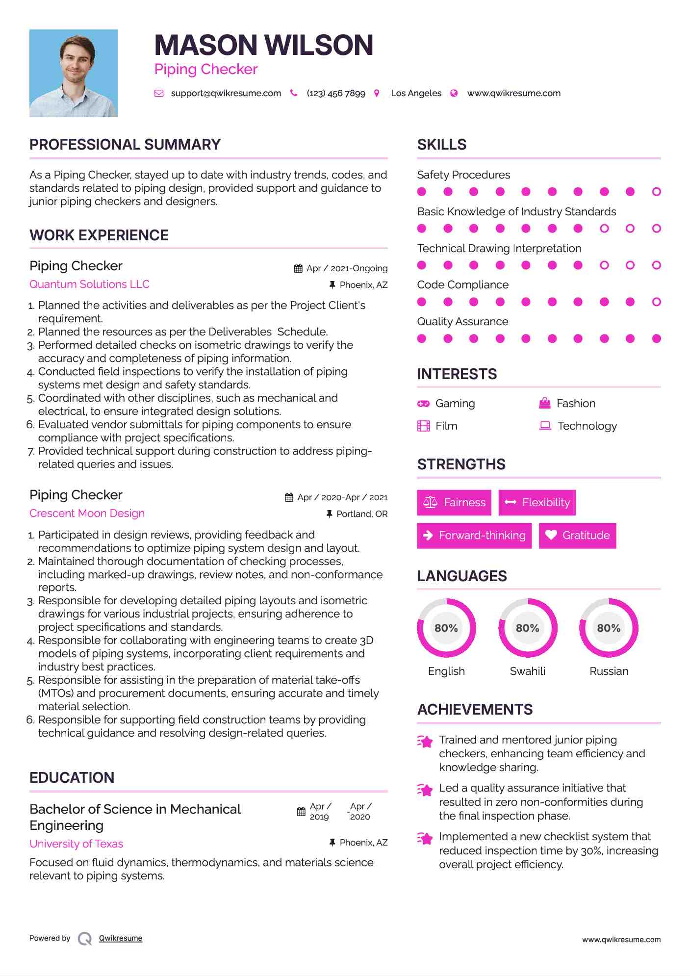 Piping Checker Resume Sample