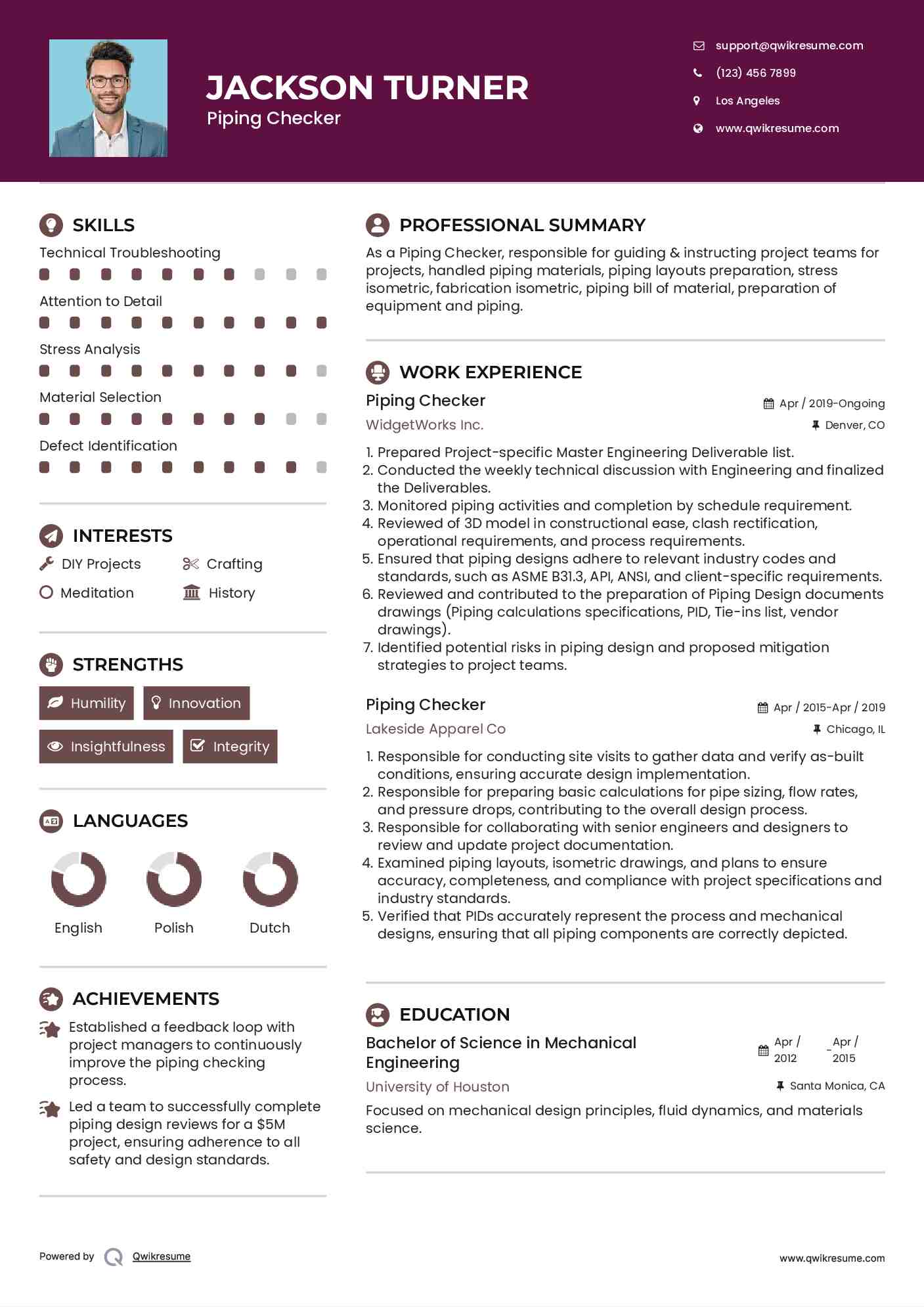 Piping Checker Resume Example