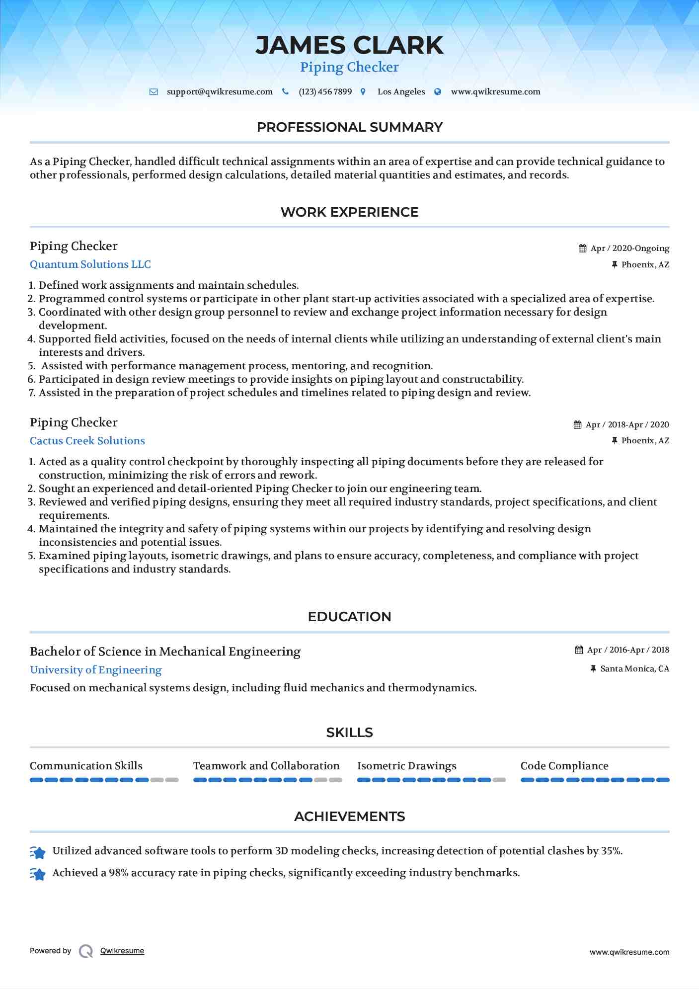 Piping Checker Resume Example