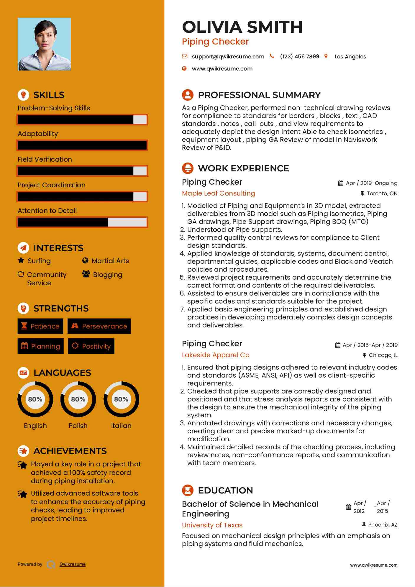 Piping Checker Resume Template