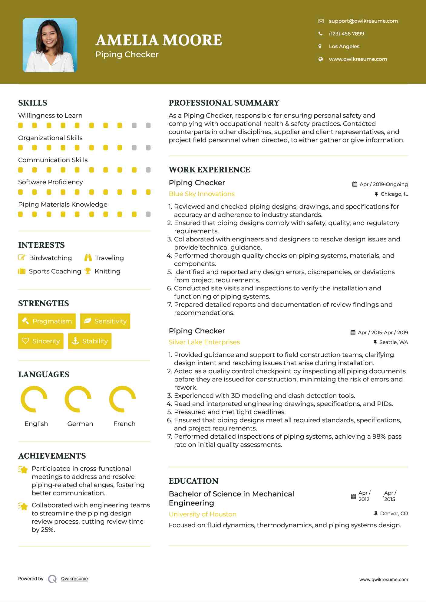 Piping Checker Resume Example