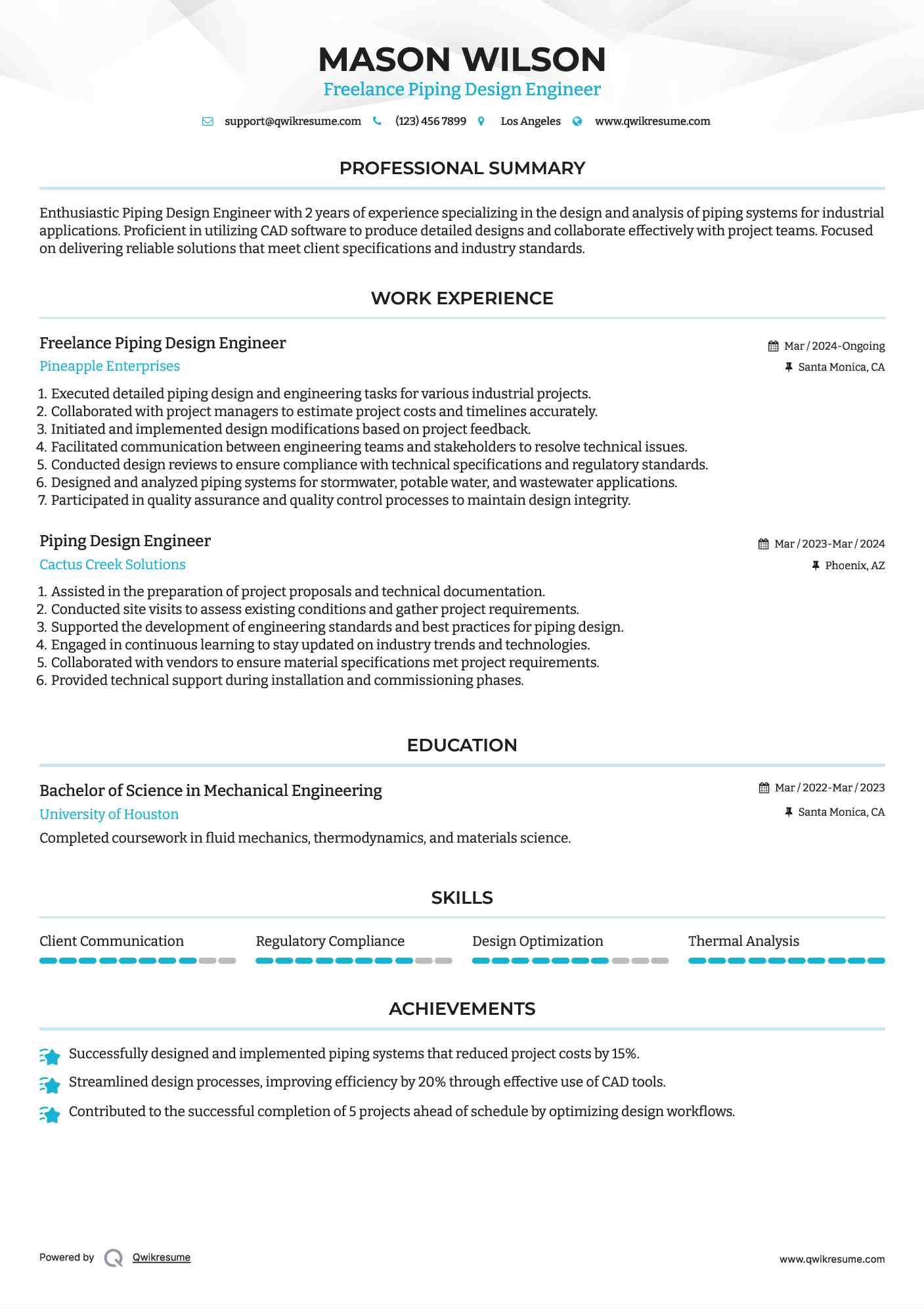 Freelance Piping Design Engineer Resume Format