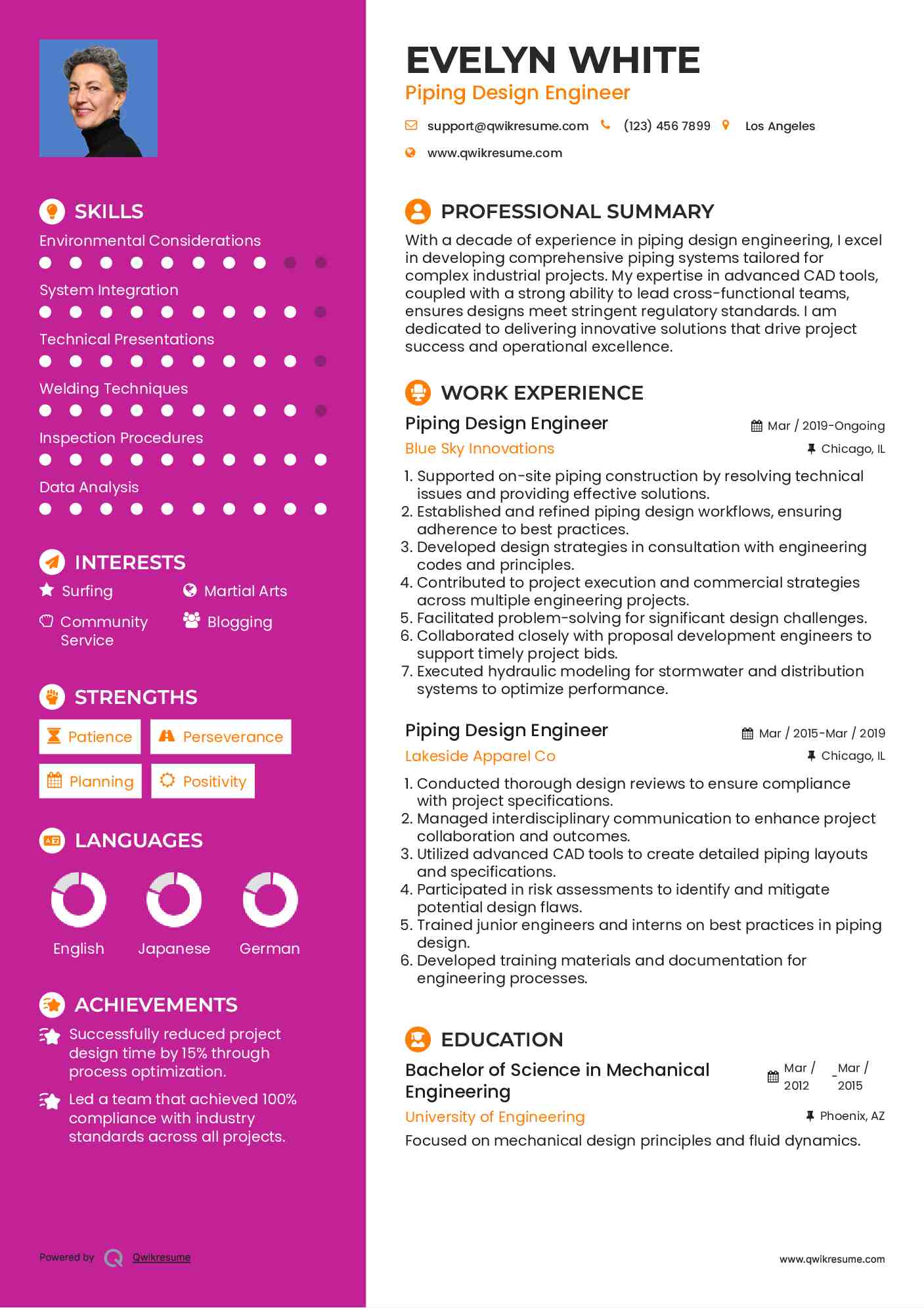 Piping Design Engineer Resume Example