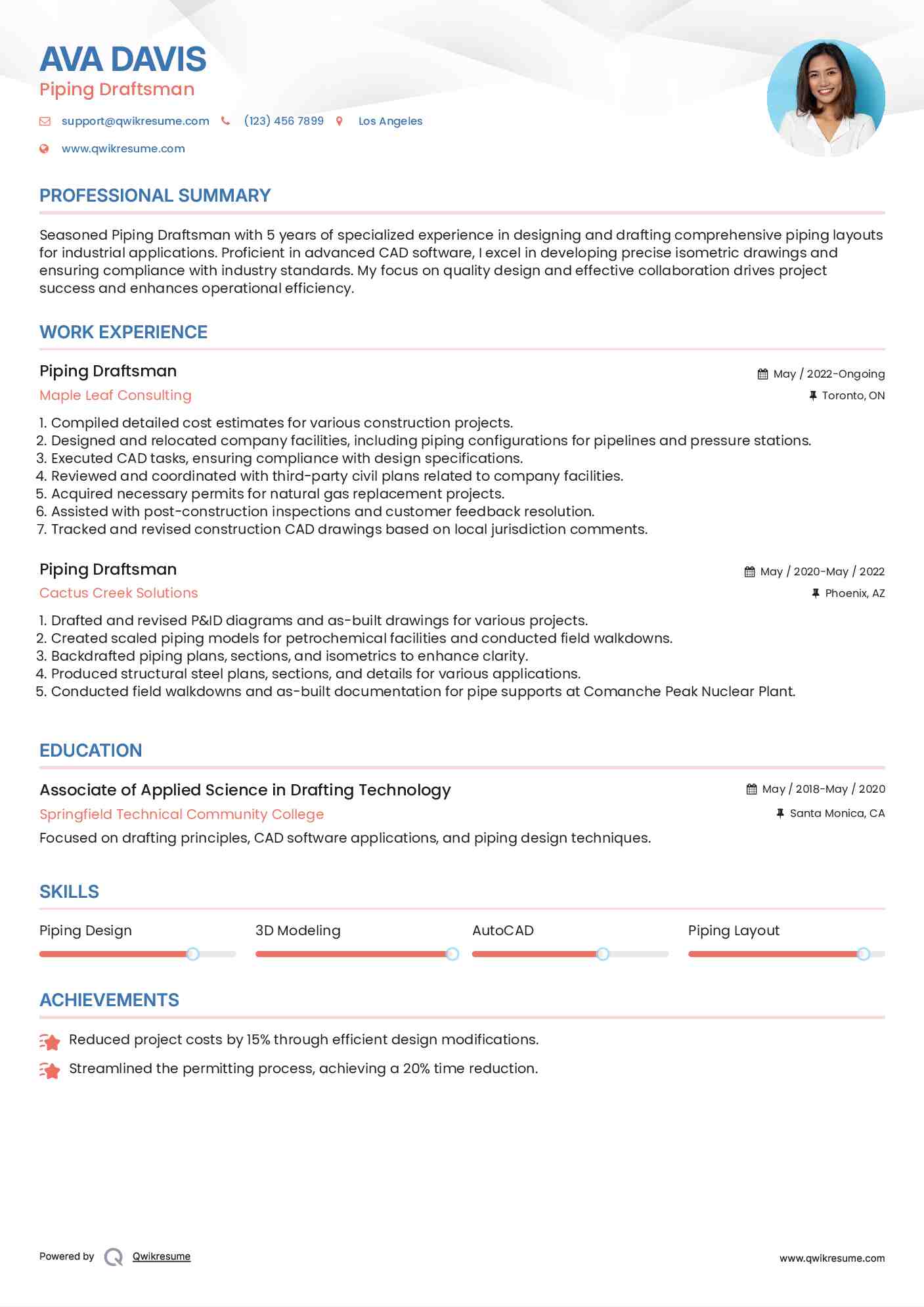 Piping Draftsman Resume Example