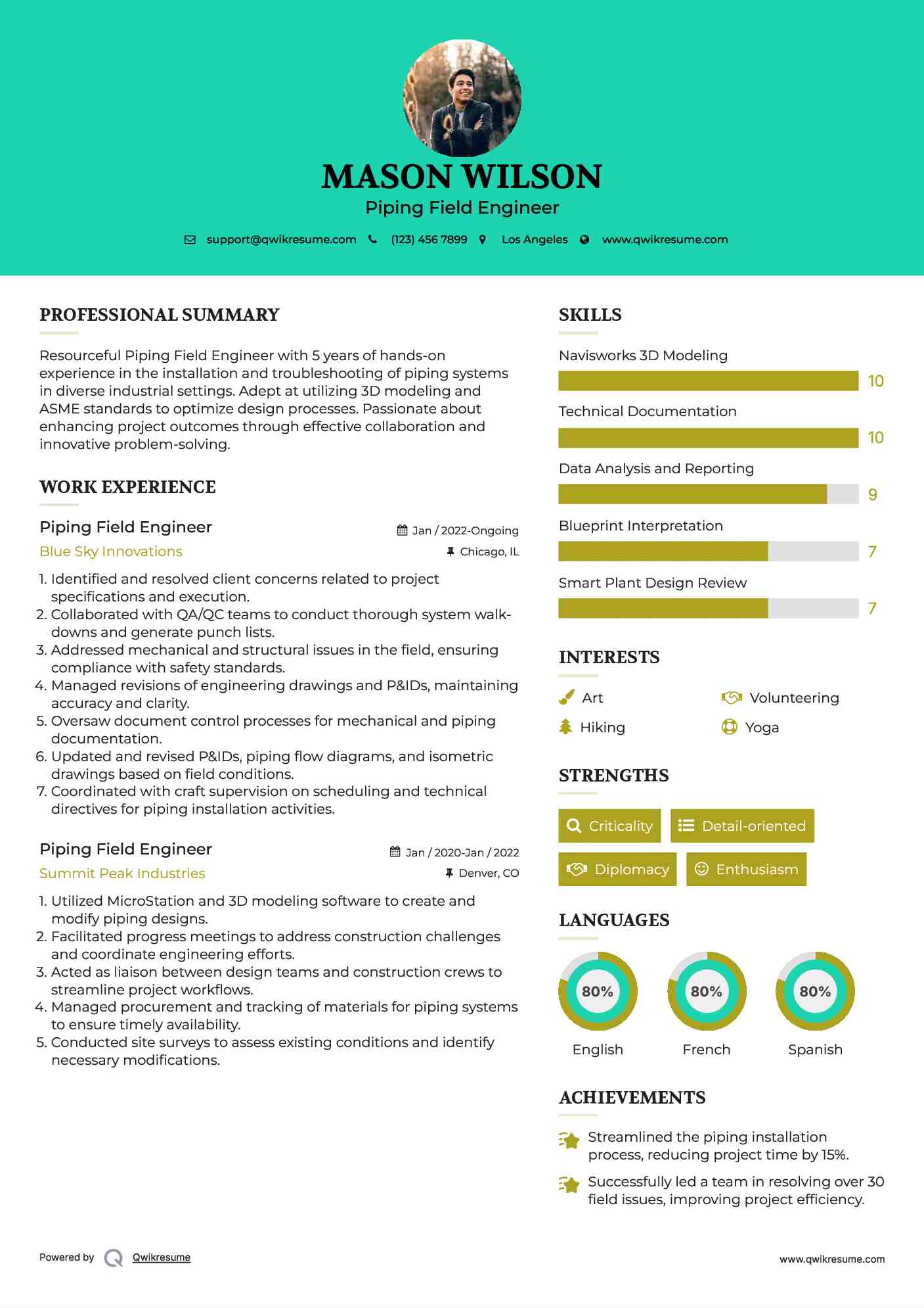 Piping Field Engineer Resume Model