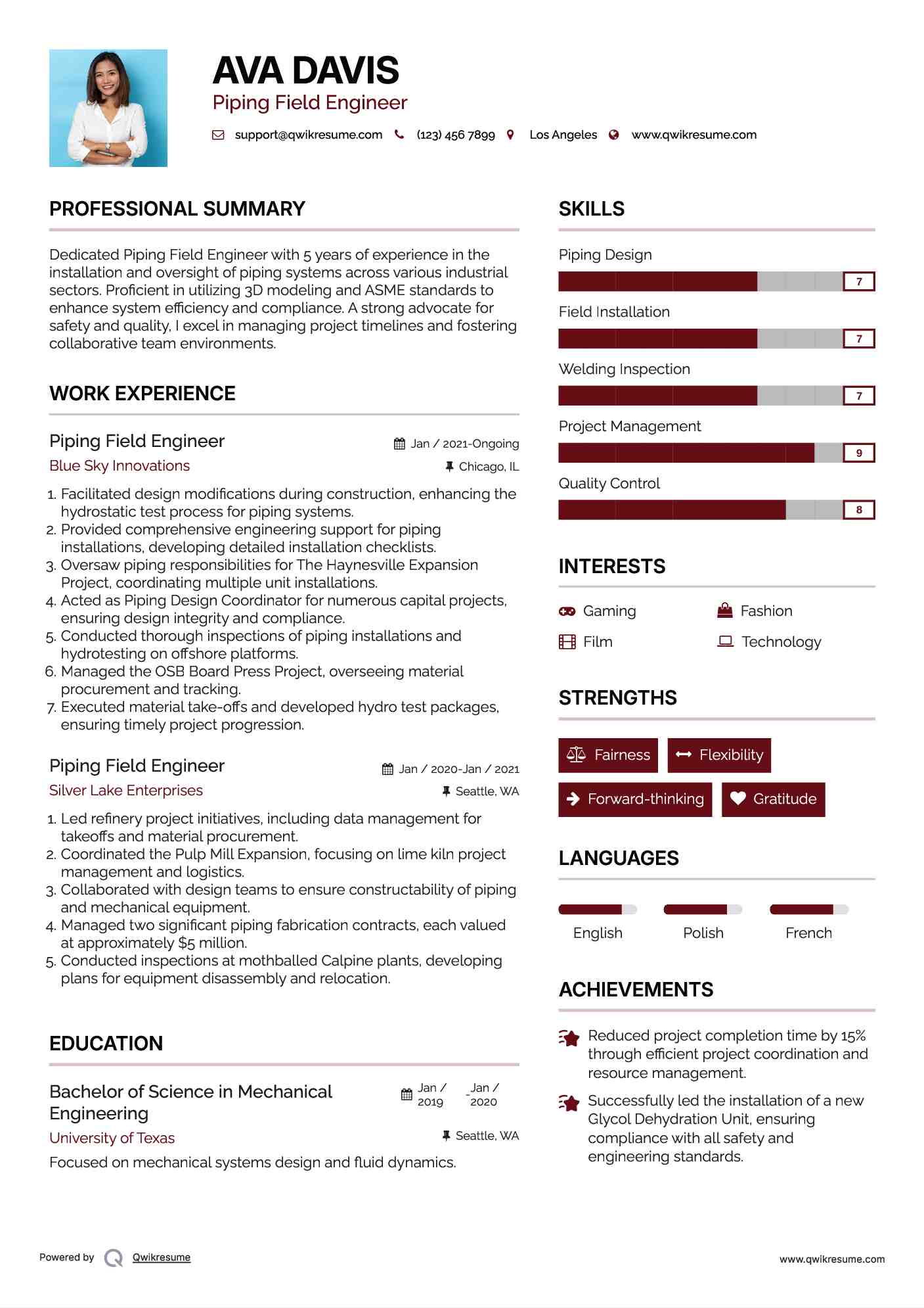 Piping Field Engineer Resume Sample