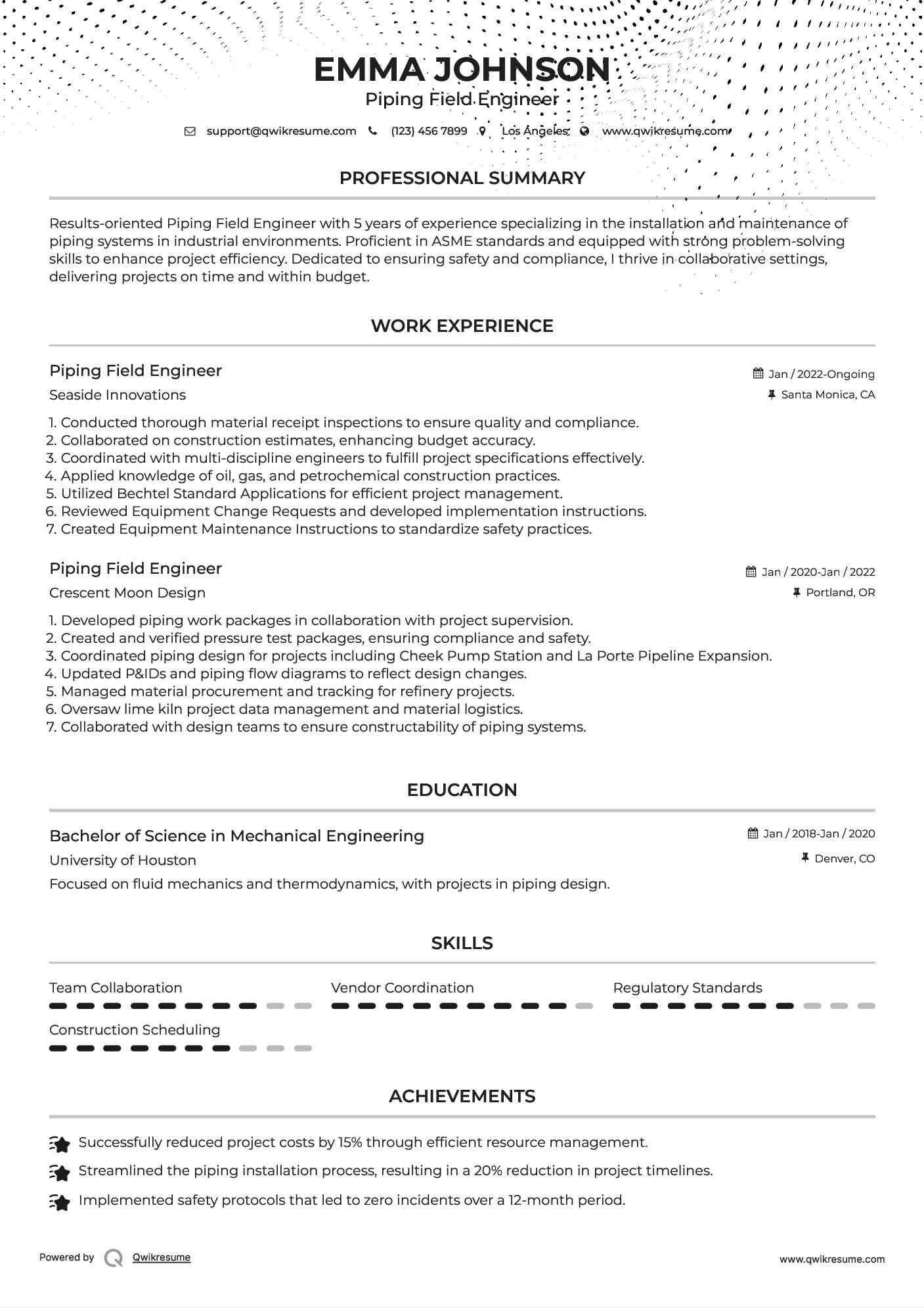 Piping Field Engineer Resume Sample