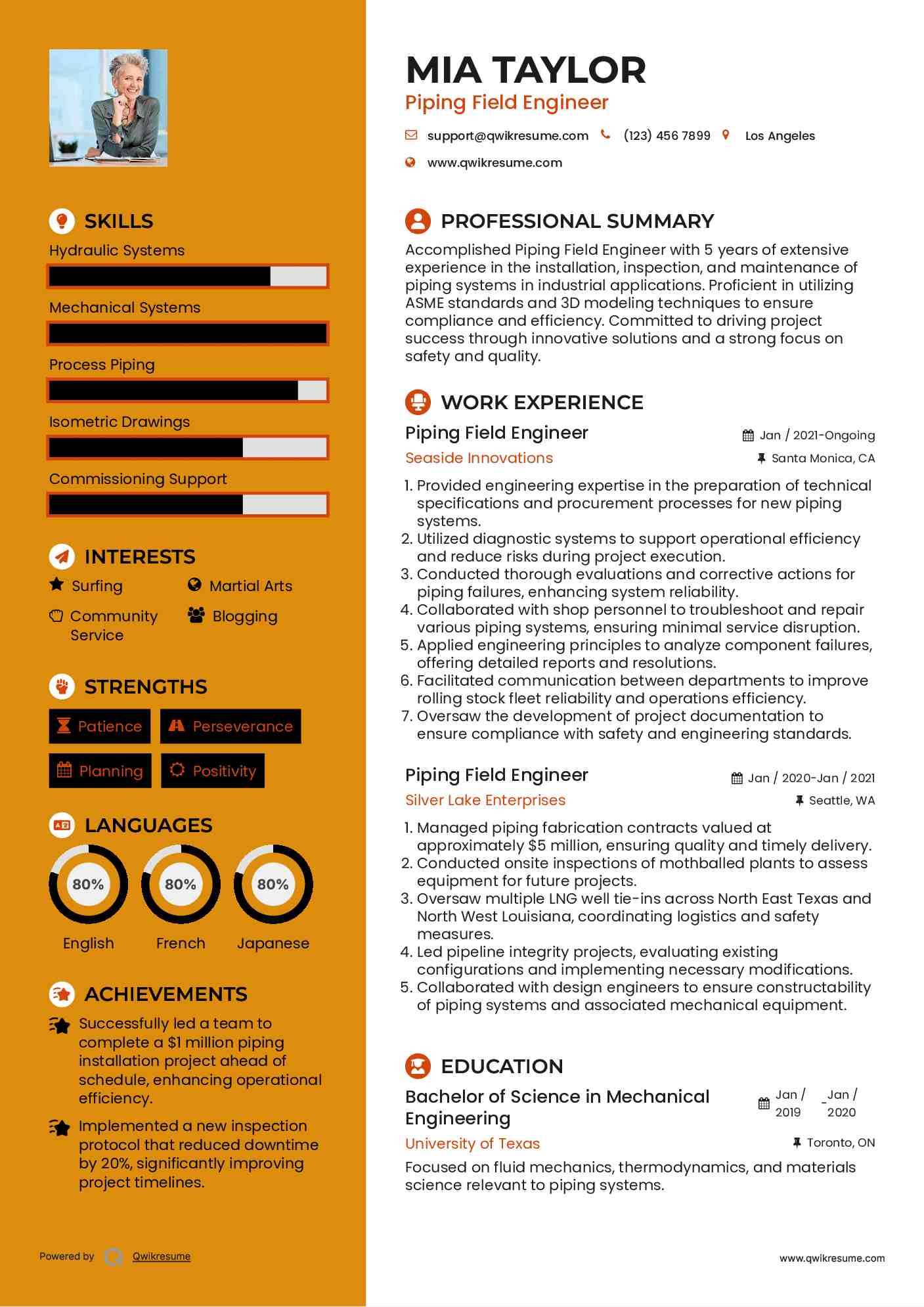 Piping Field Engineer Resume Template