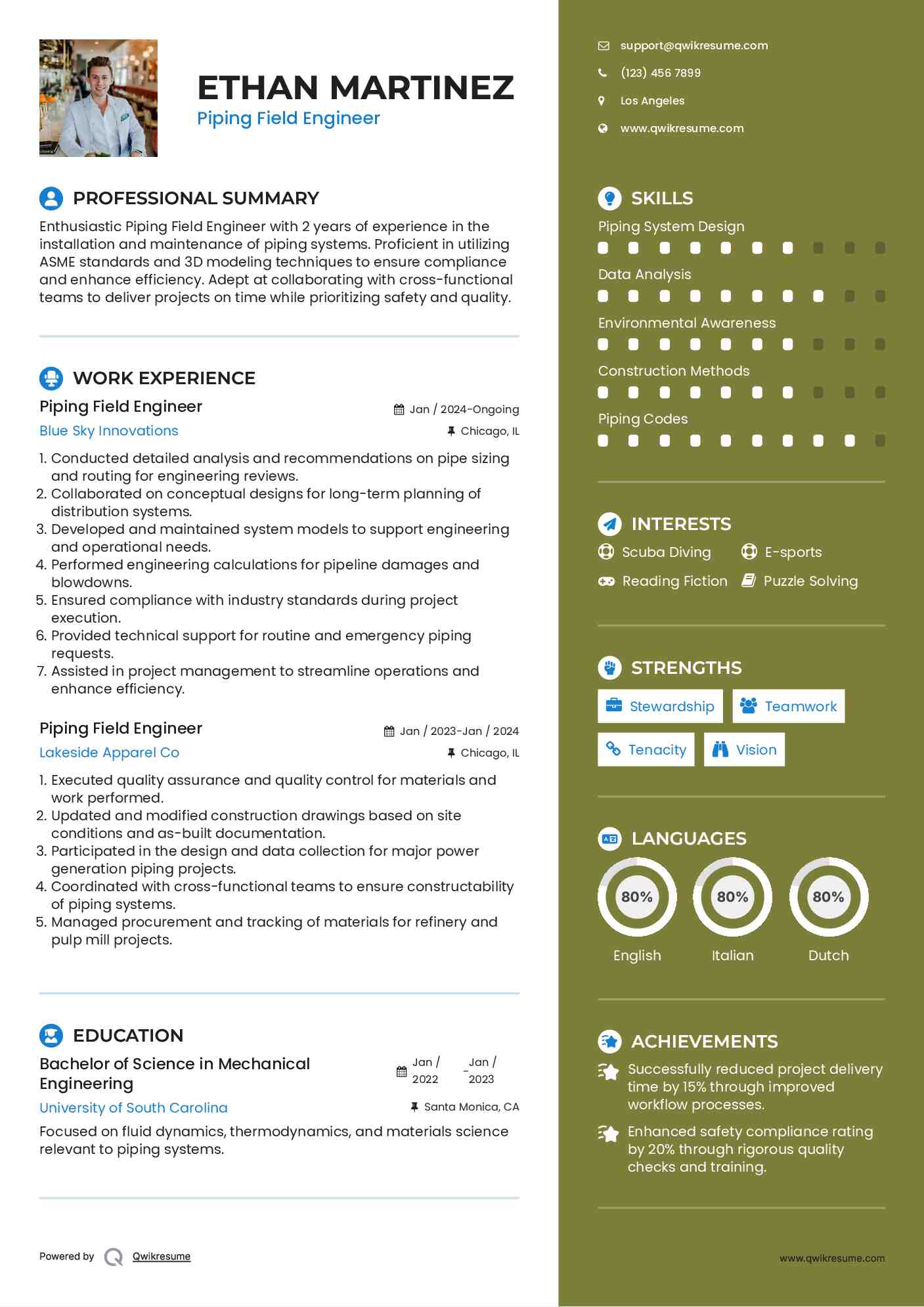 Piping Field Engineer Resume Model