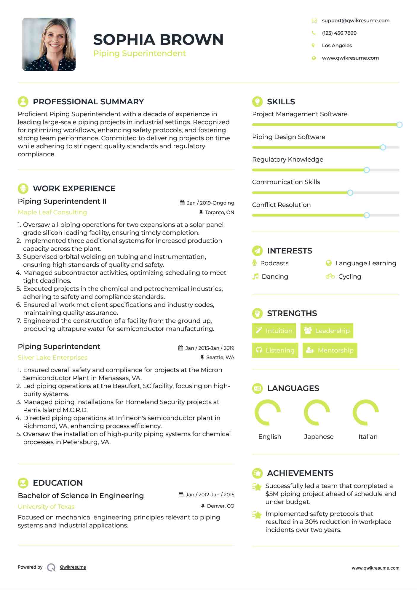 Piping Superintendent II Resume Sample