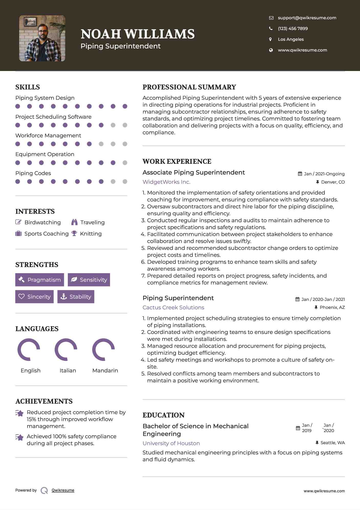 Associate Piping Superintendent Resume Sample