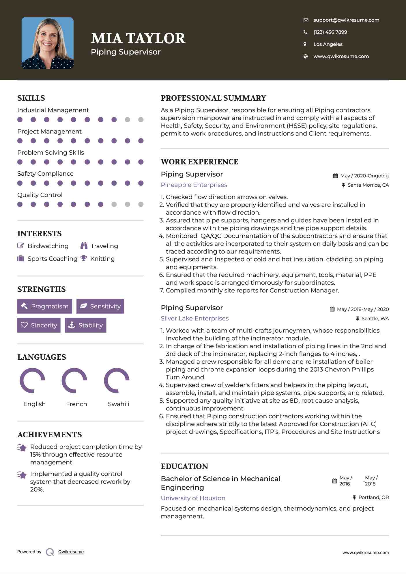 Piping Supervisor Resume Sample