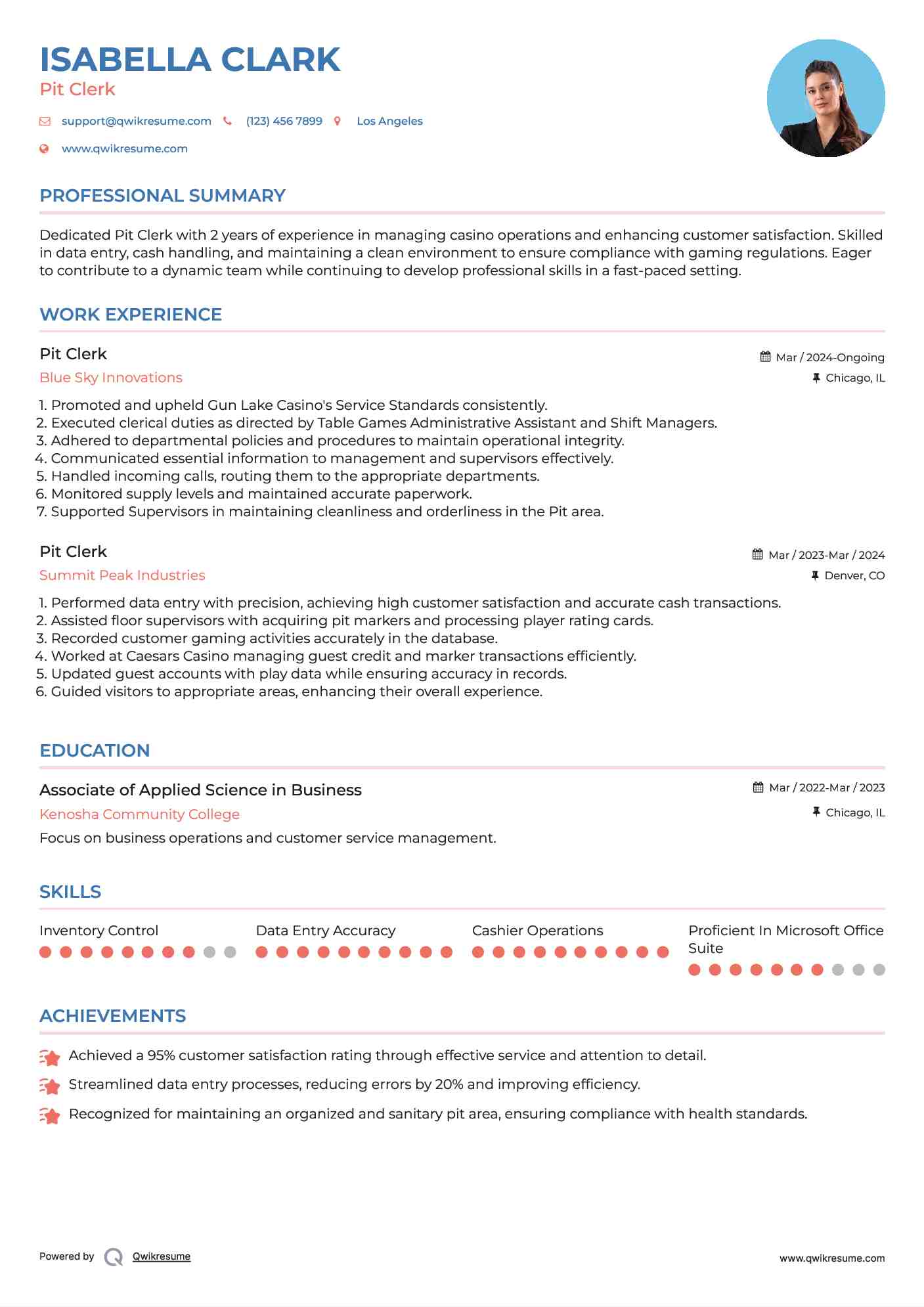Pit Clerk Resume Format