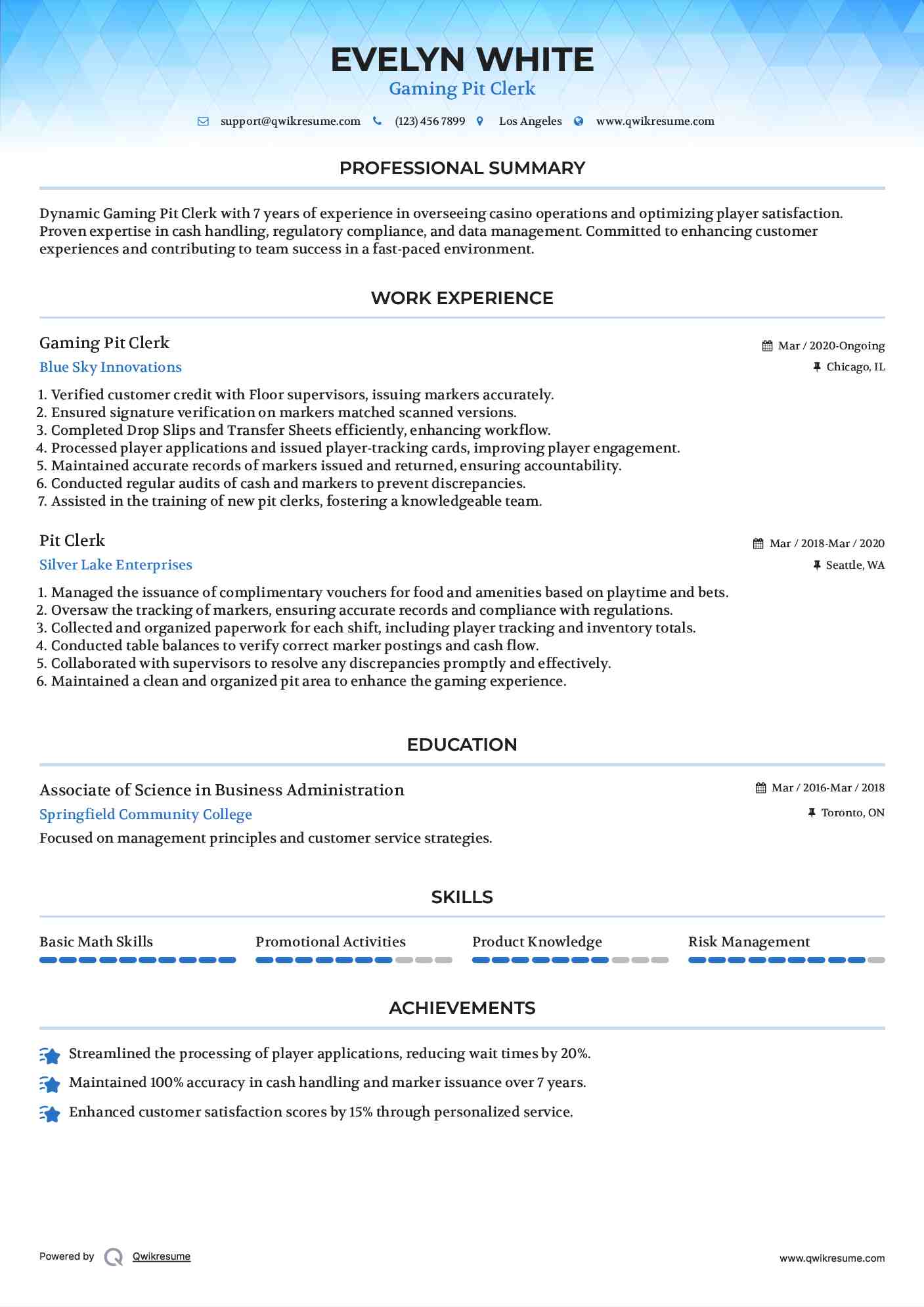 Gaming Pit Clerk Resume Format