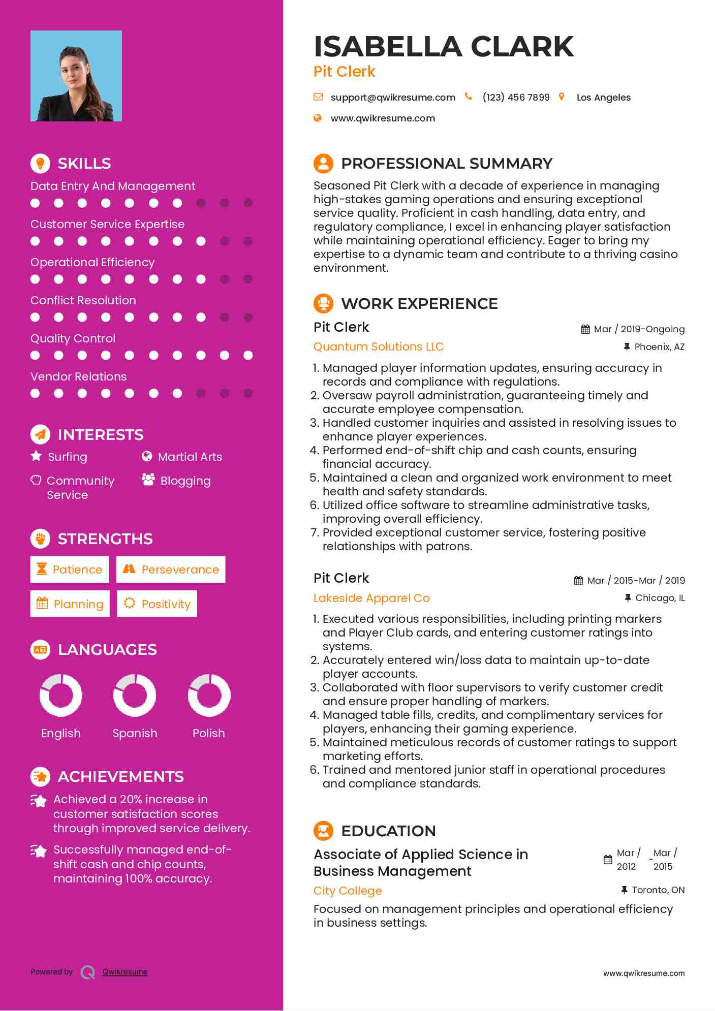 Pit Clerk Resume Format
