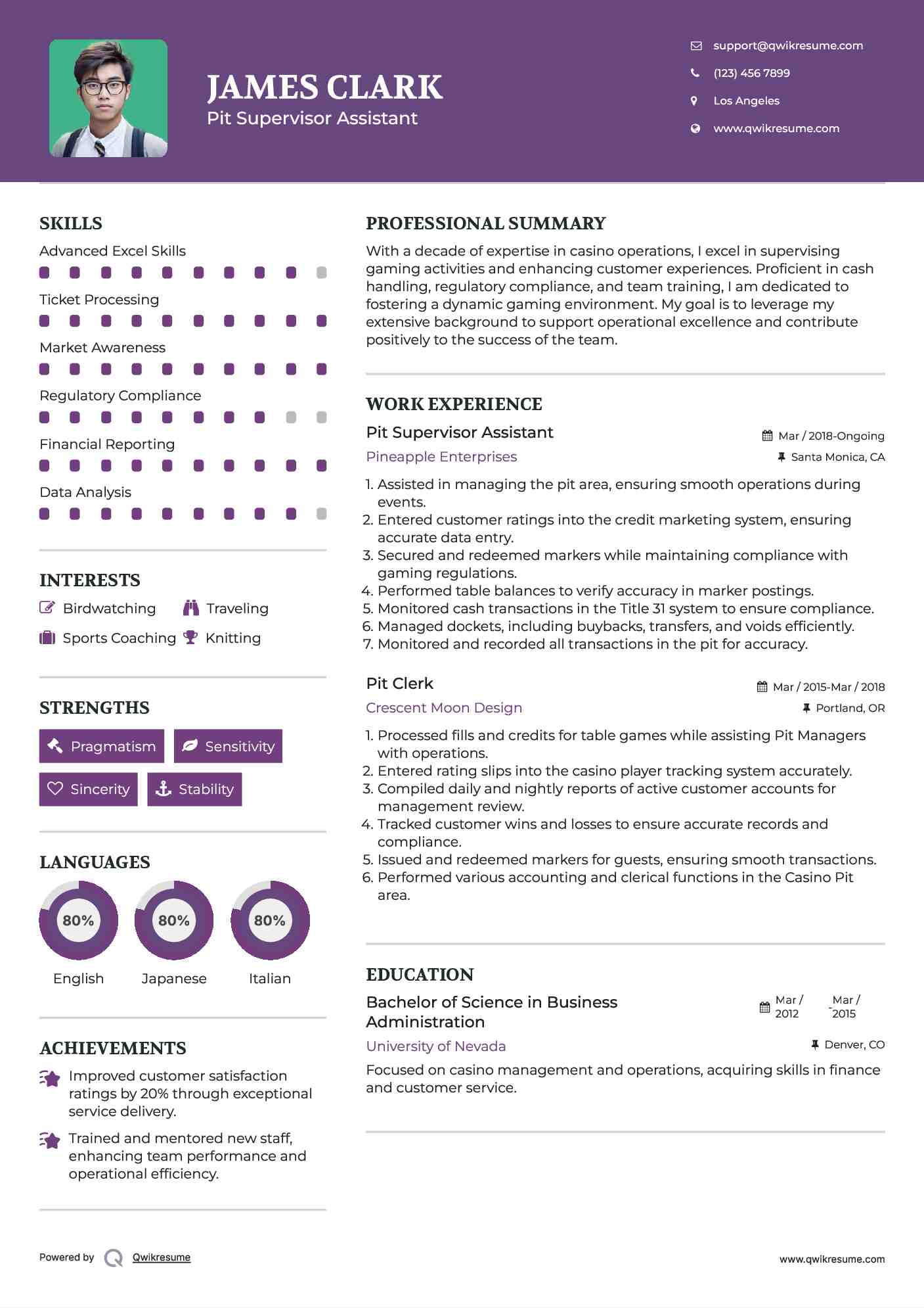 Pit Supervisor Assistant Resume Example