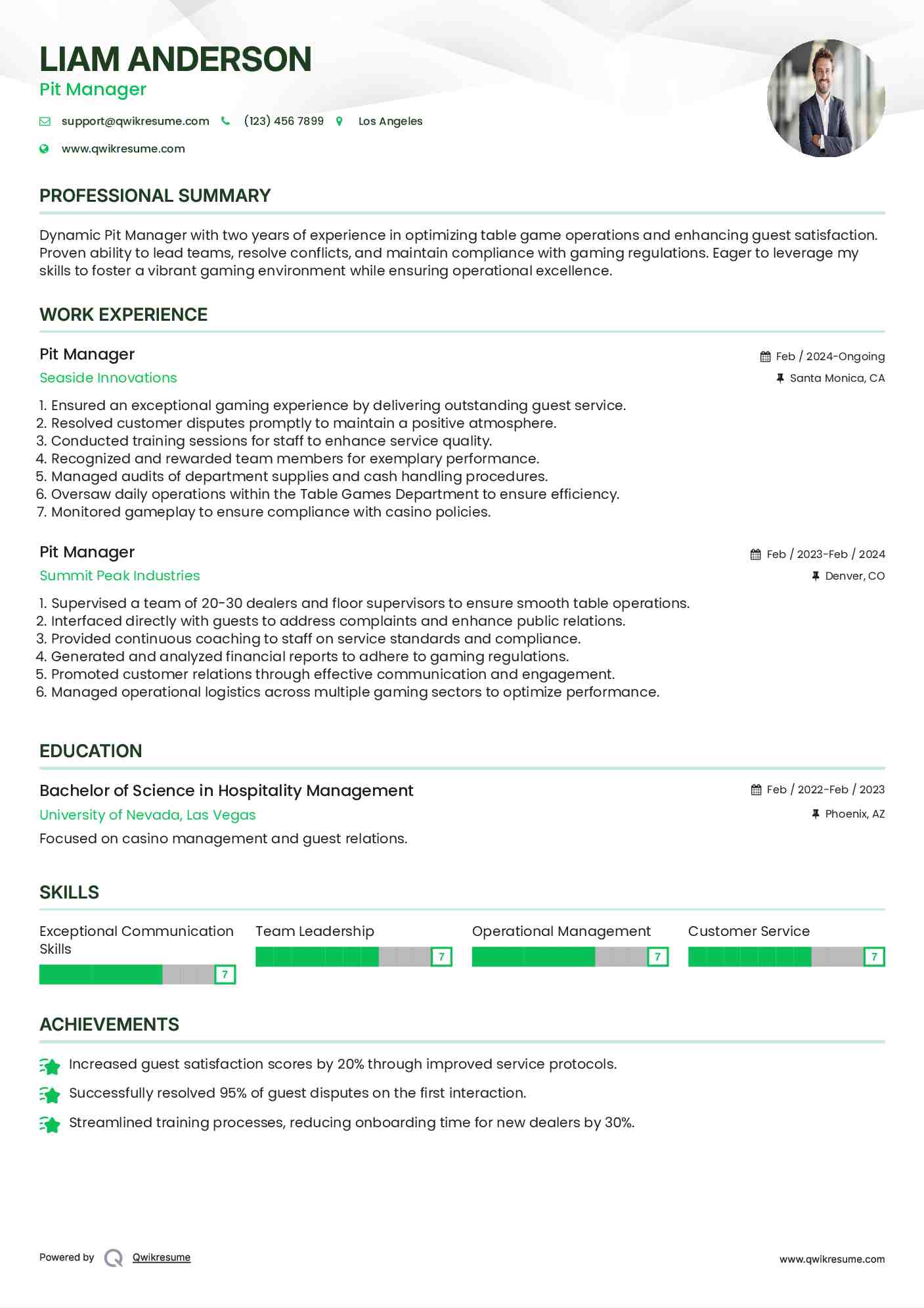 Pit Manager Resume Template