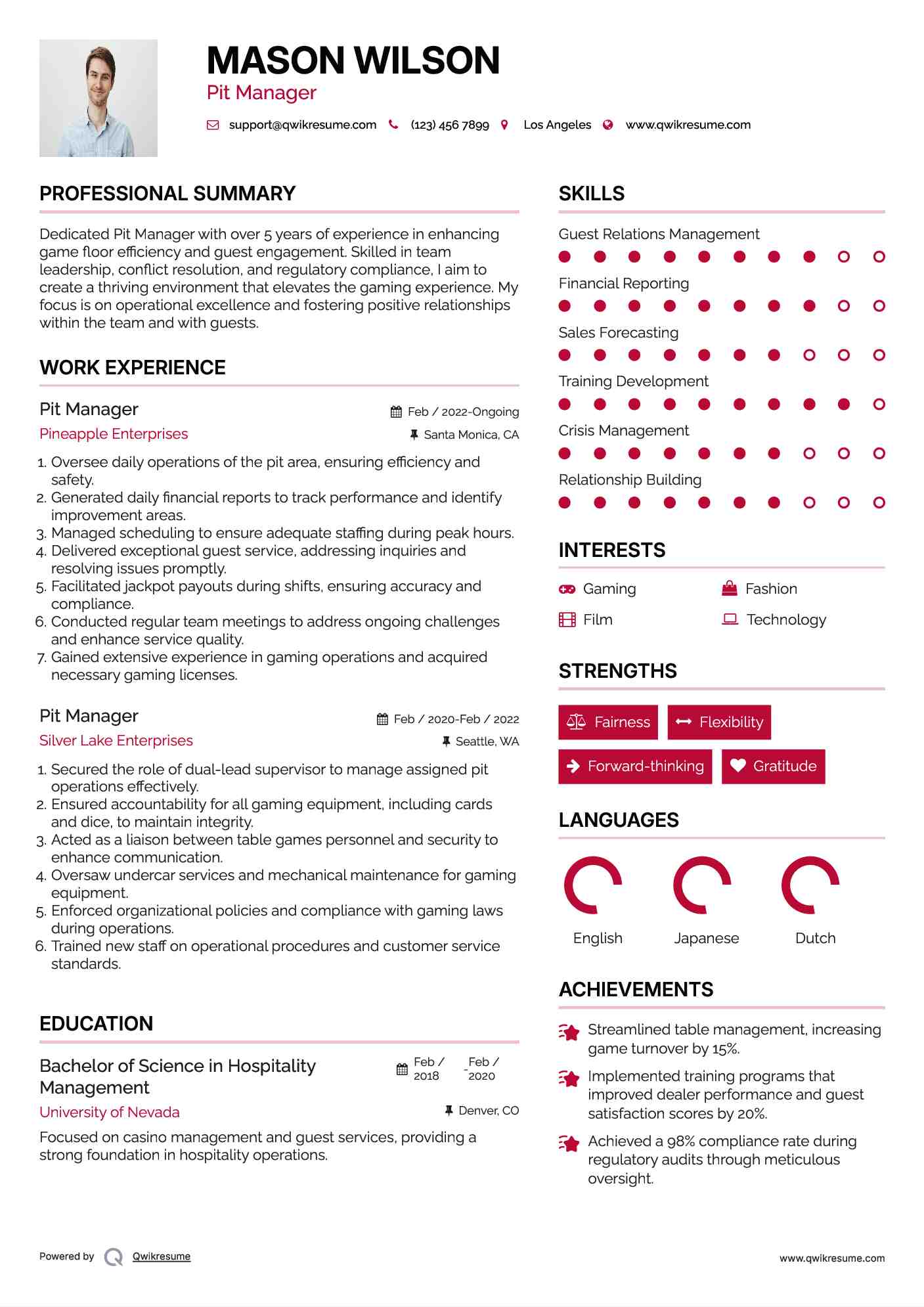 Pit Manager Resume Model