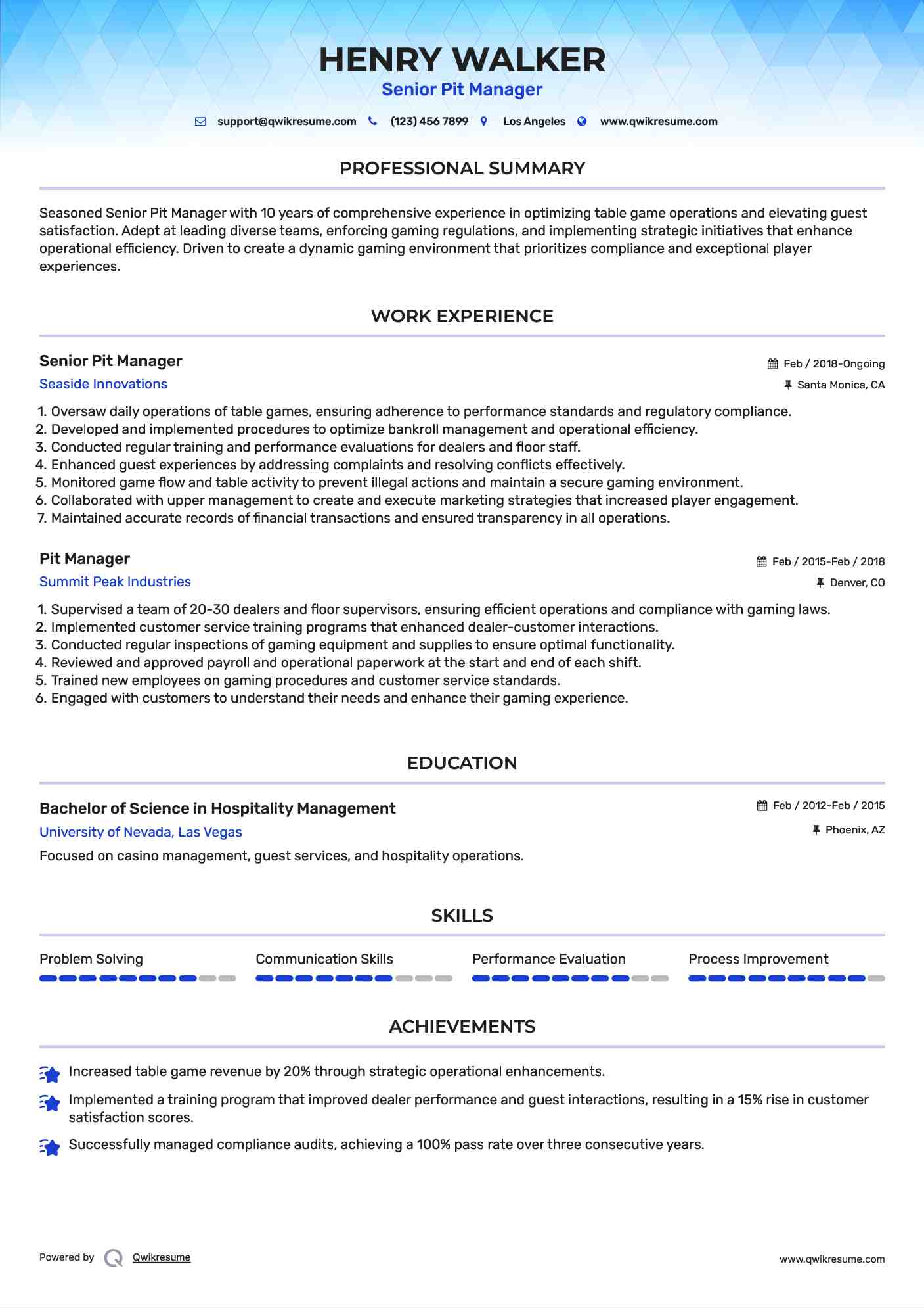 Senior Pit Manager Resume Sample