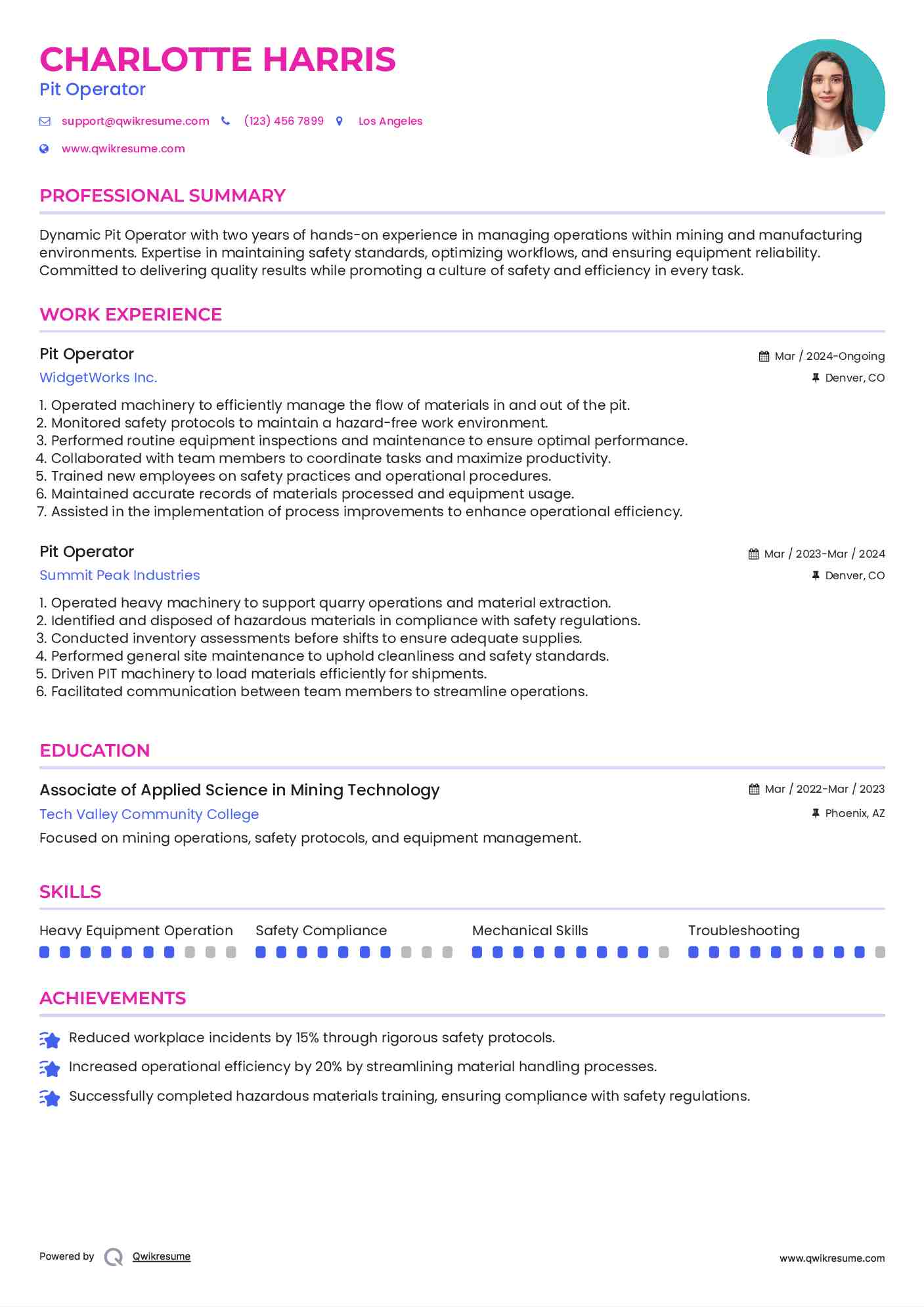 Pit Operator Resume Format