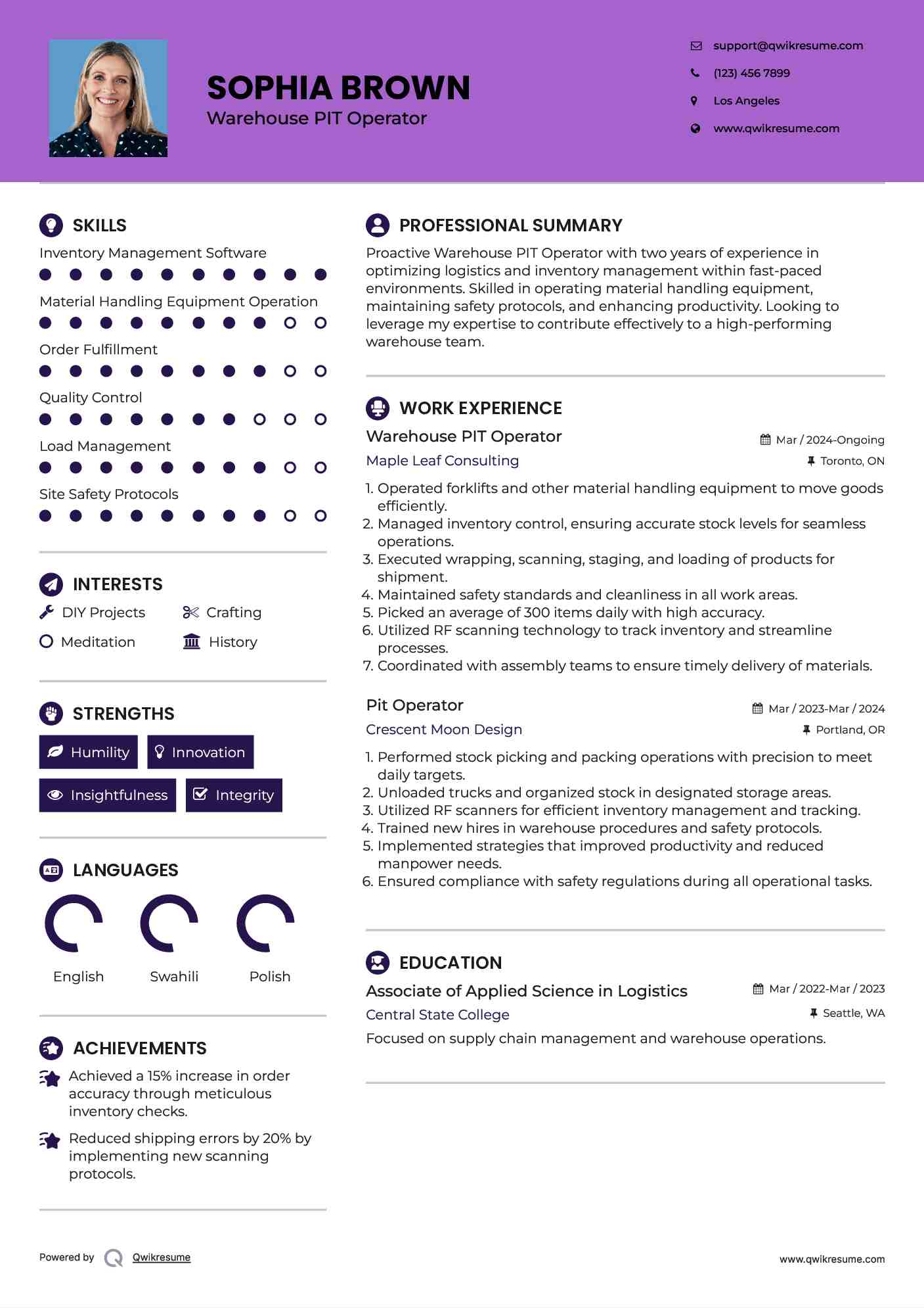 Warehouse PIT Operator Resume Format