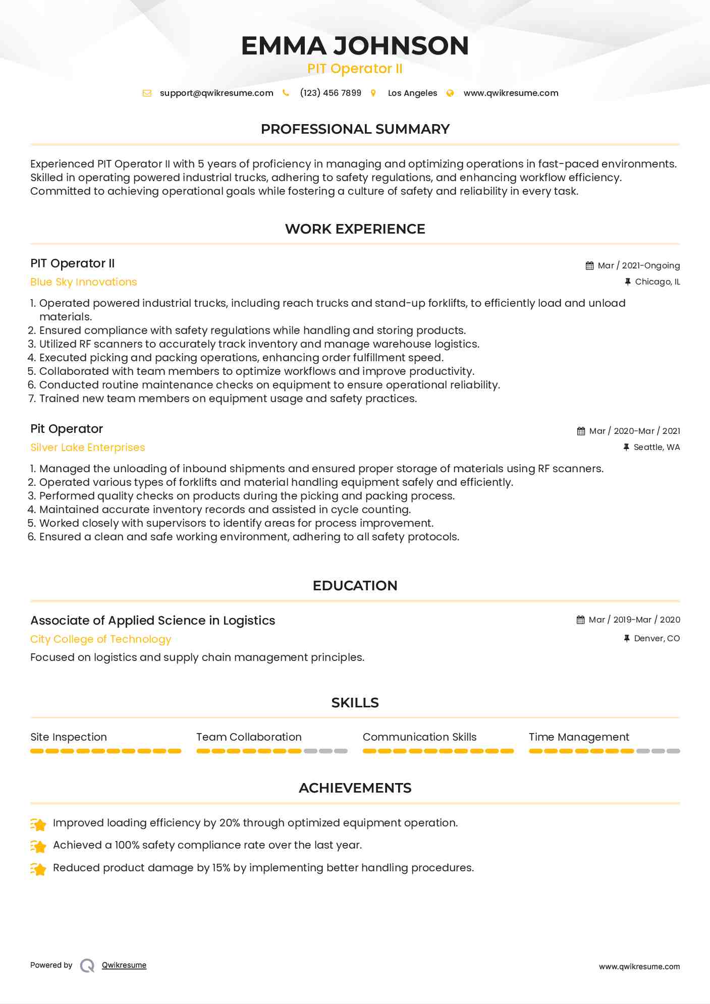 PIT Operator II Resume Sample