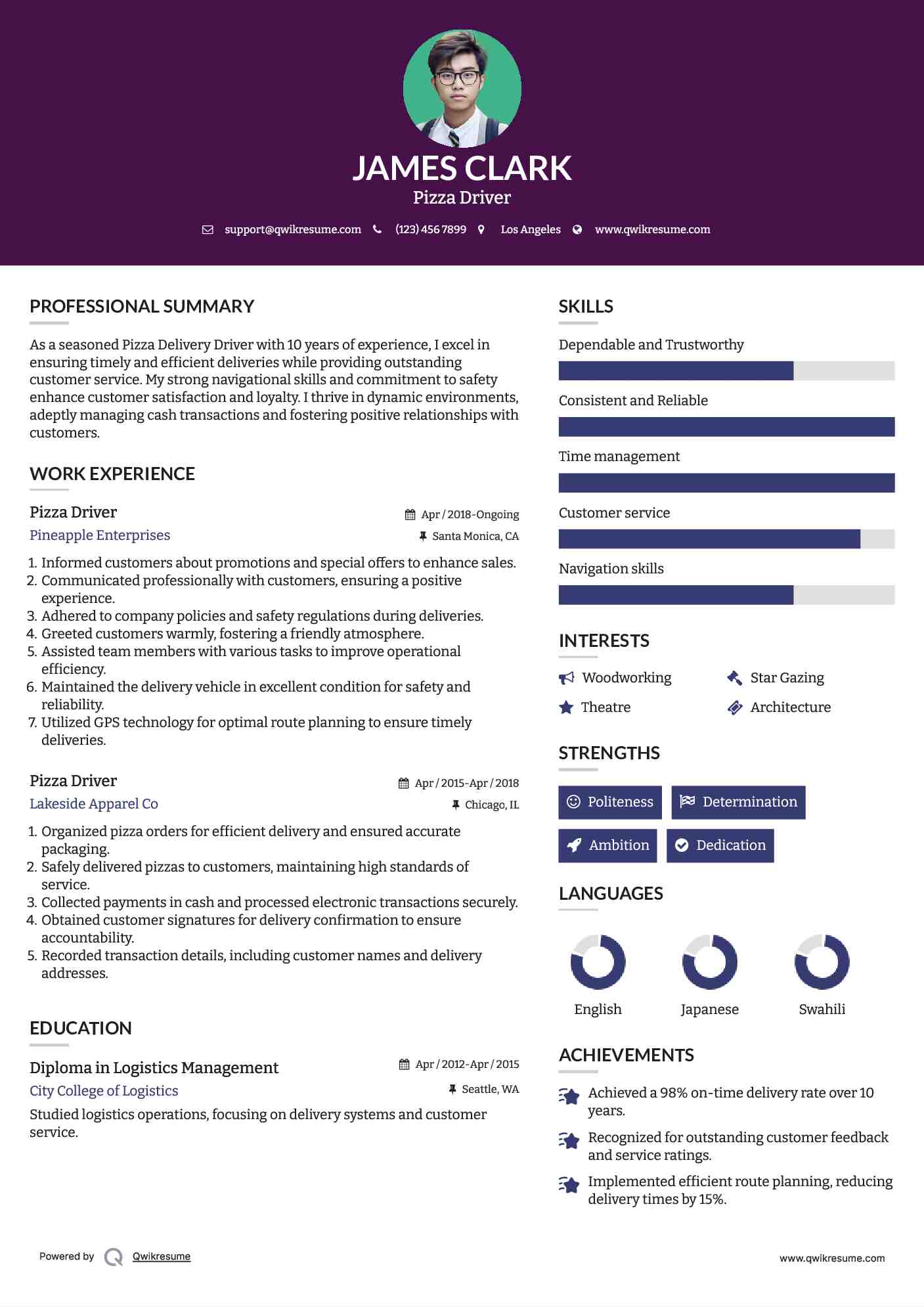 Pizza Driver Resume Sample
