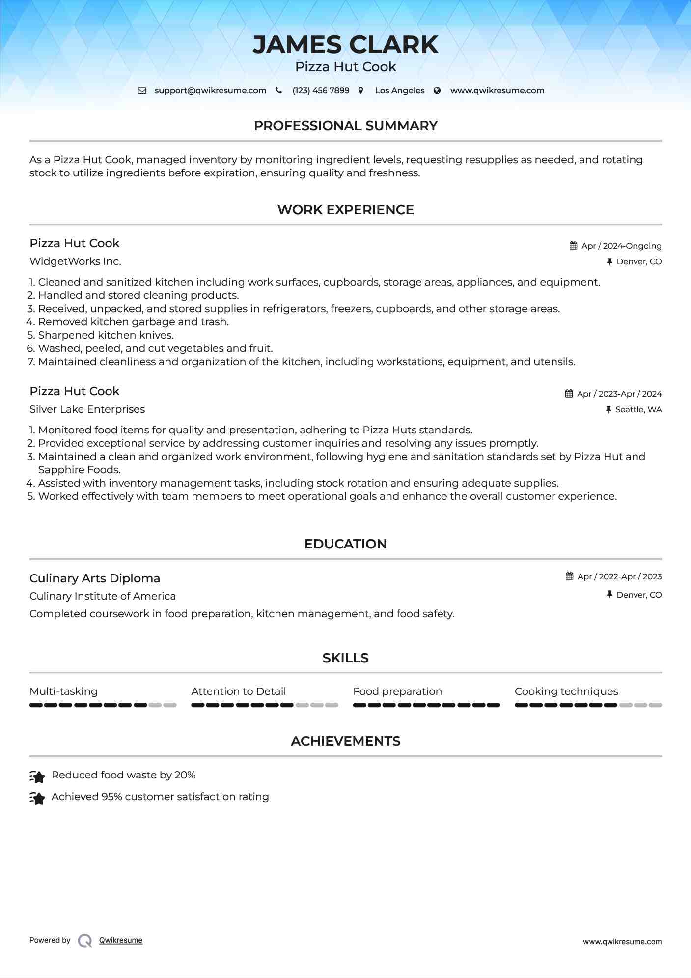 Pizza Hut Cook Resume Example