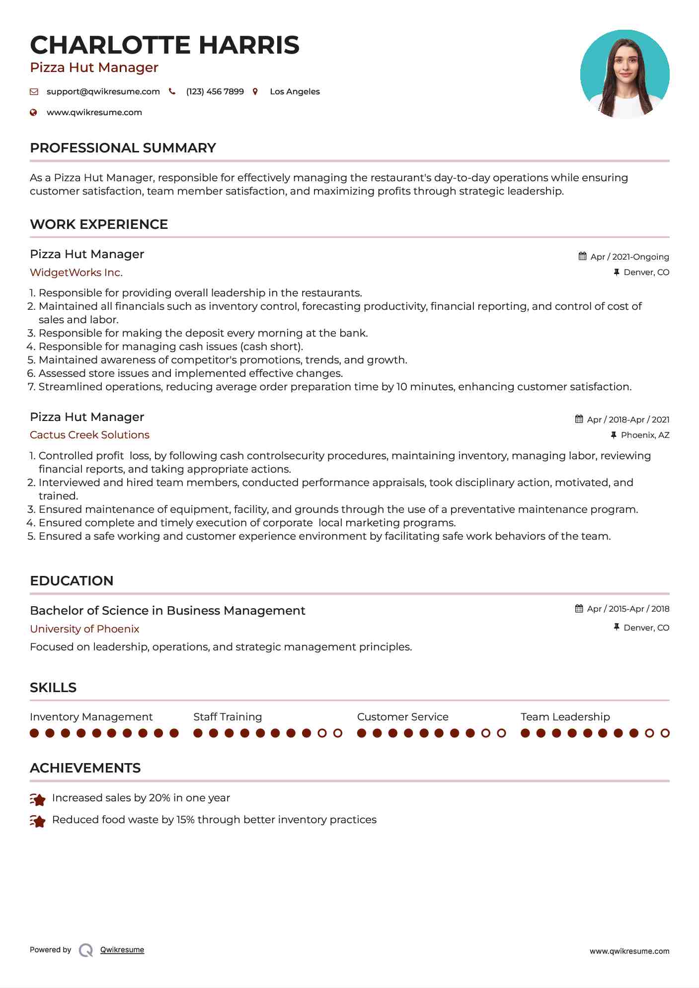 Pizza Hut Manager Resume Model