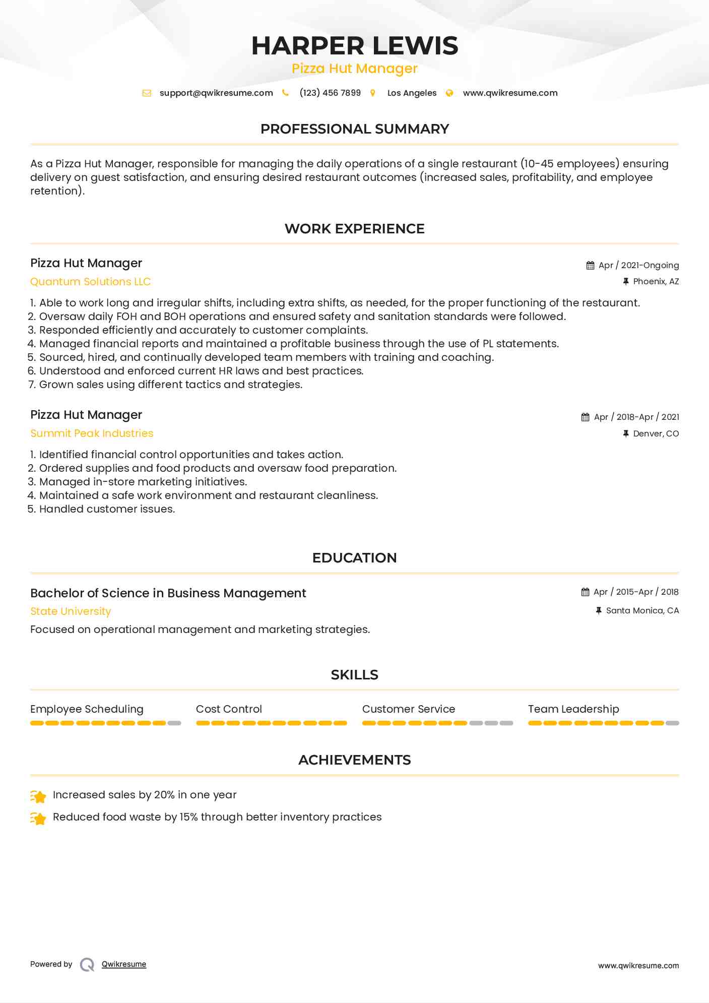 Pizza Hut Manager Resume Model