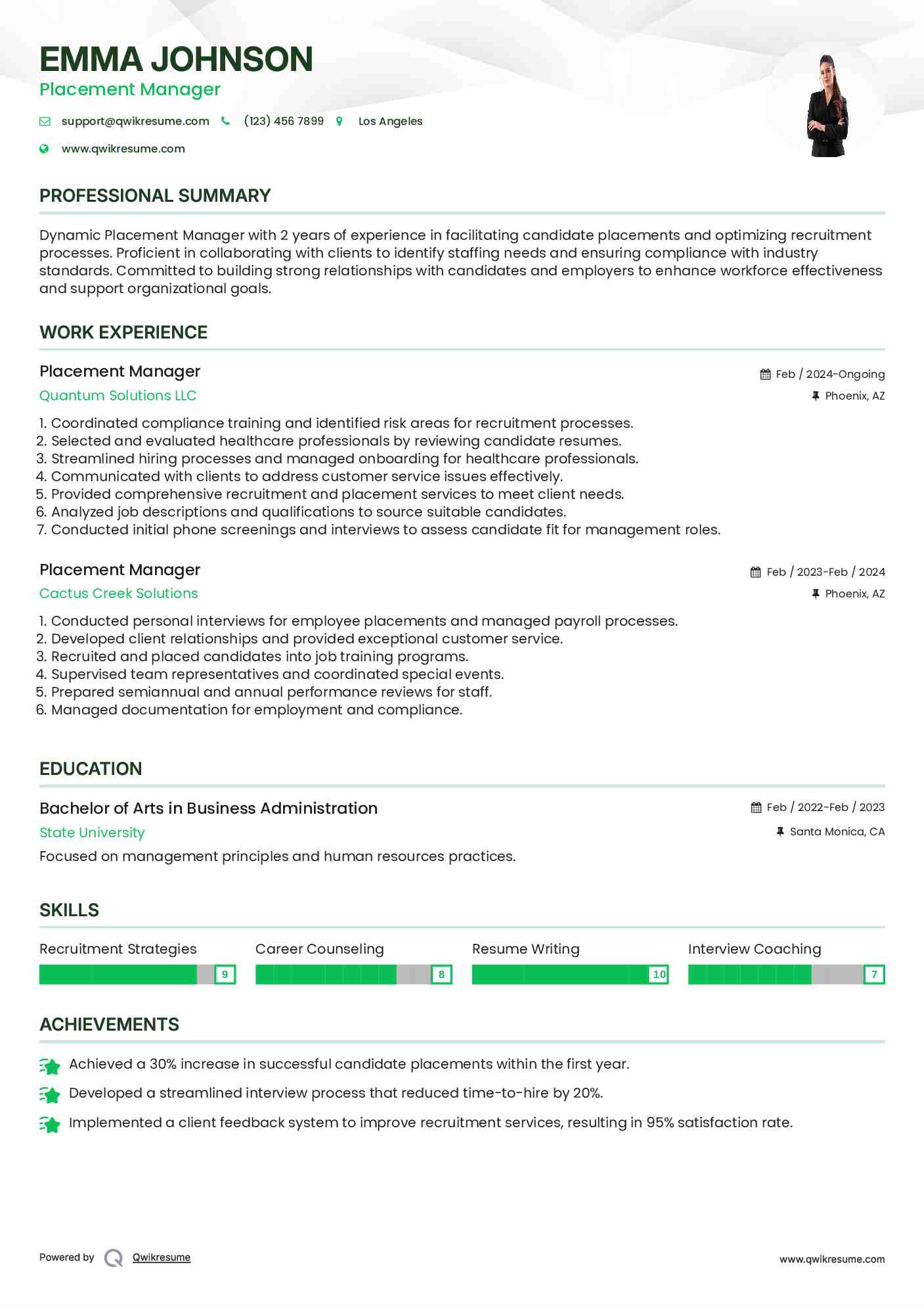 Placement Manager Resume Sample
