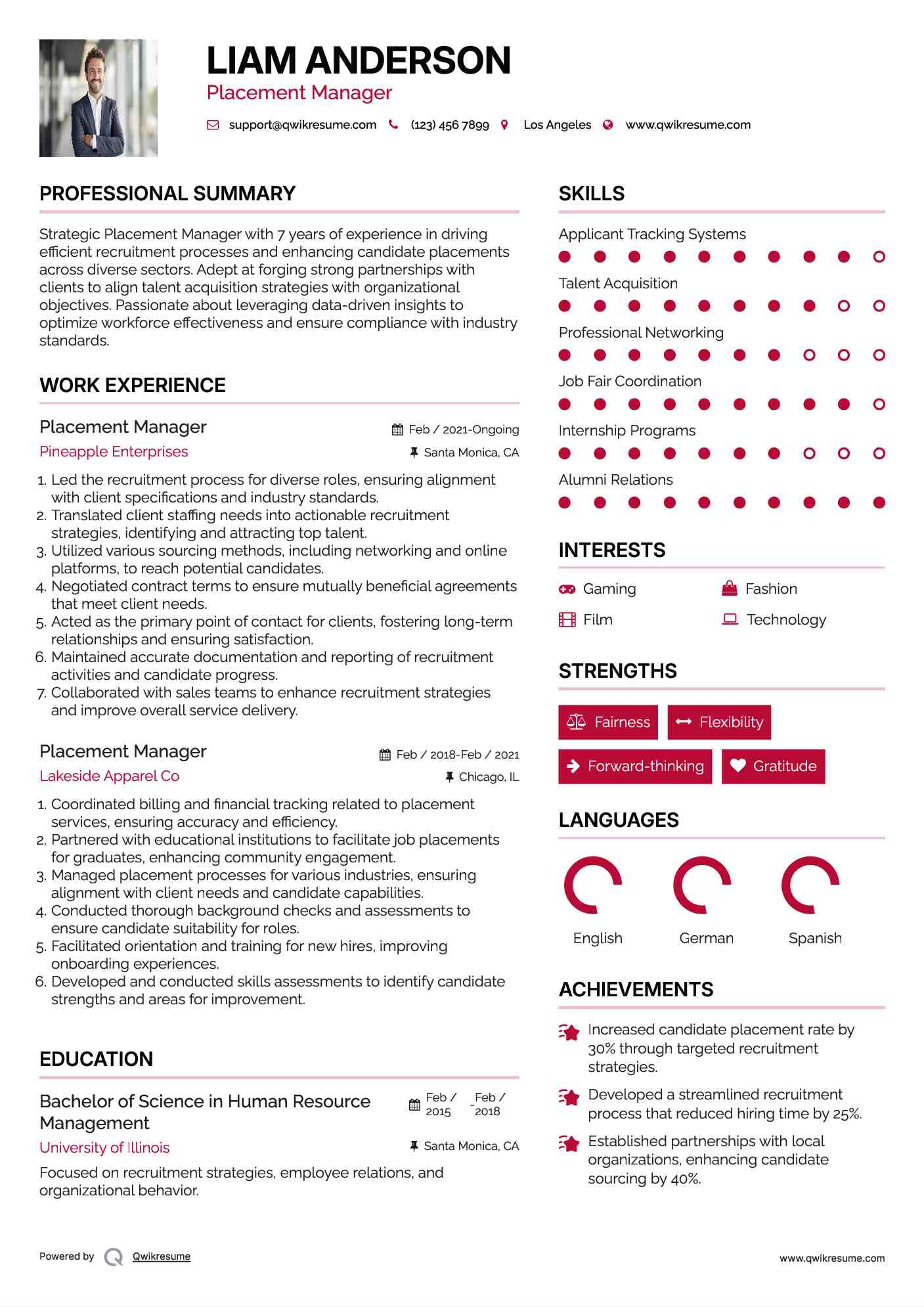 Placement Manager Resume Sample