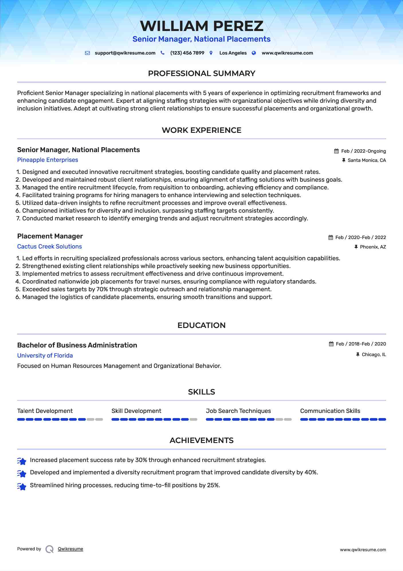 Senior Manager, National Placements Resume Model