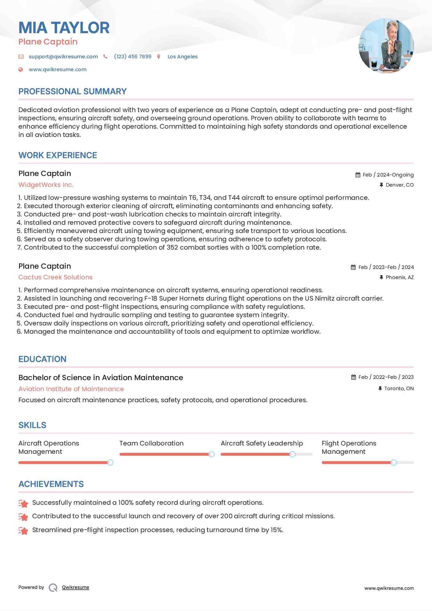 Plane Captain Resume Sample