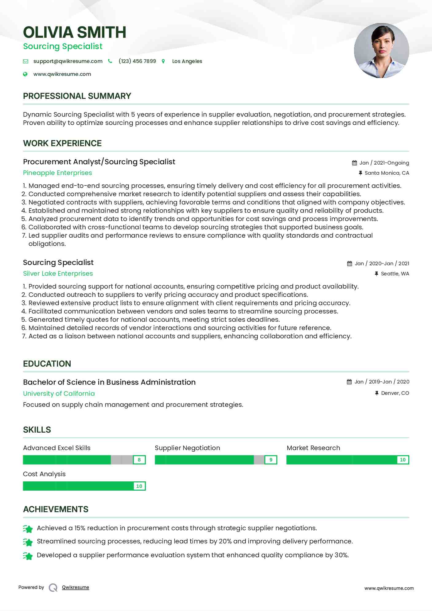Procurement Analyst/Sourcing Specialist Resume Sample