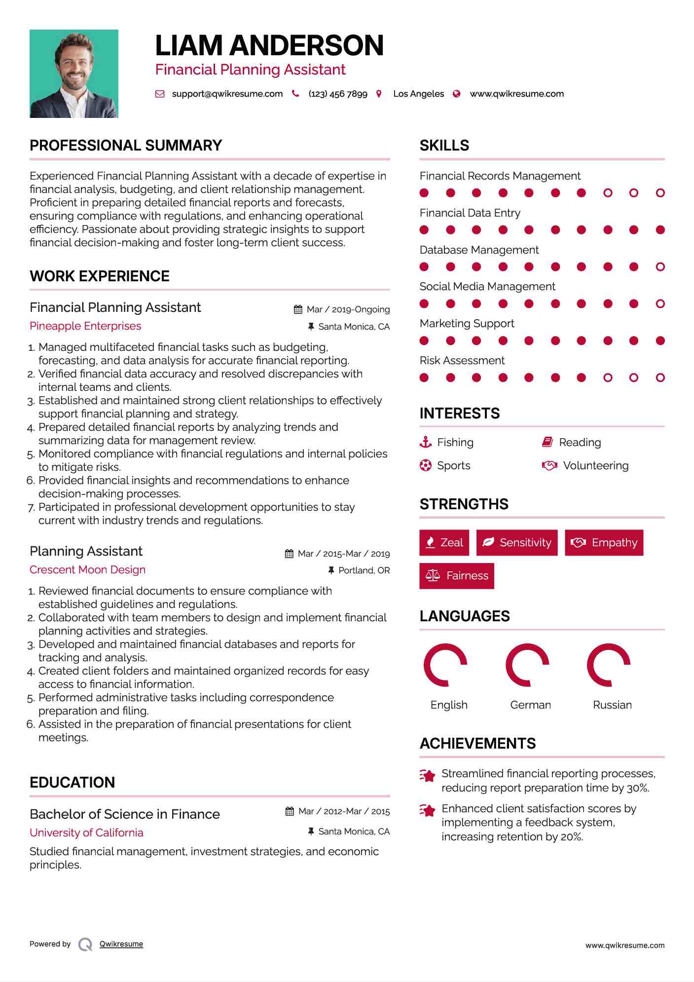 Financial Planning Assistant
 Resume Template