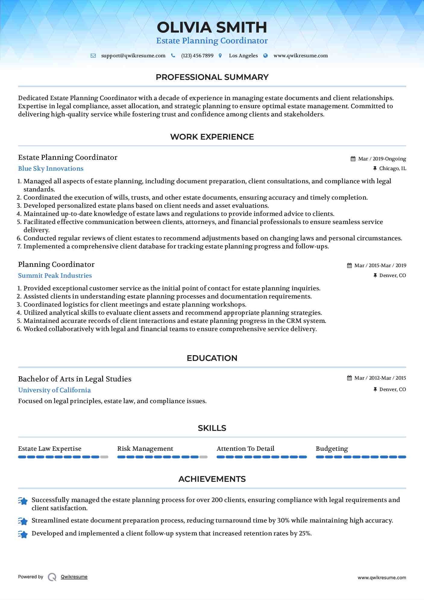 Estate Planning Coordinator Resume Sample