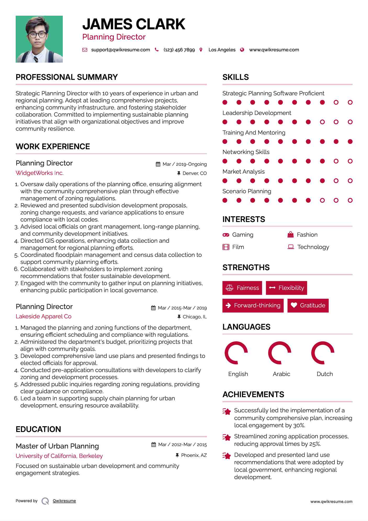 Planning Director Resume Sample