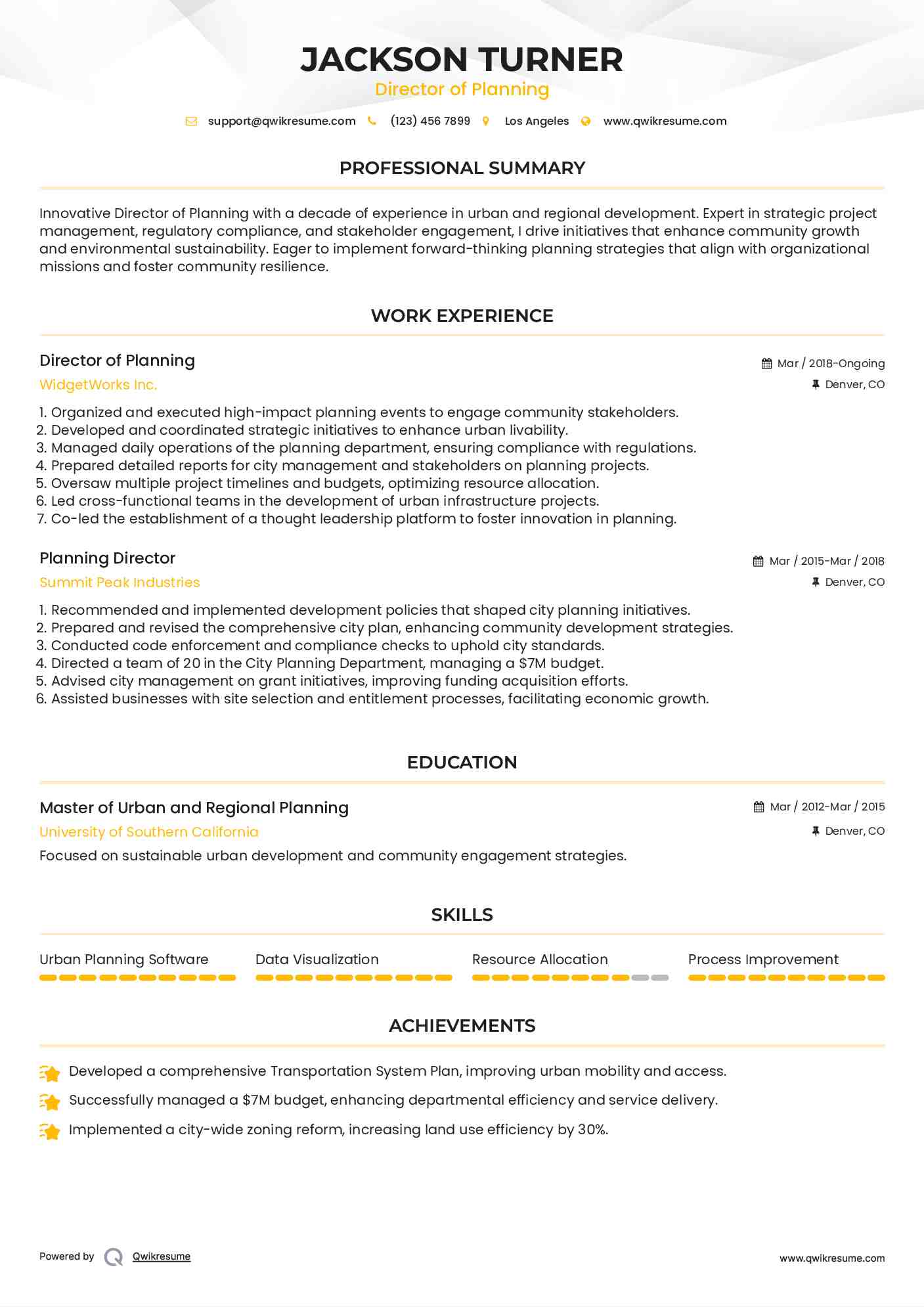 Director of Planning
 Resume Format