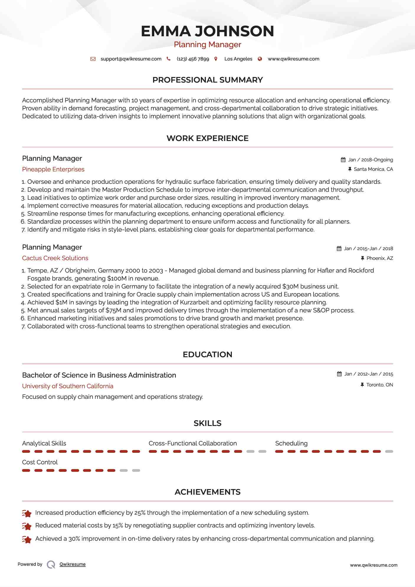 Planning Manager Resume Model