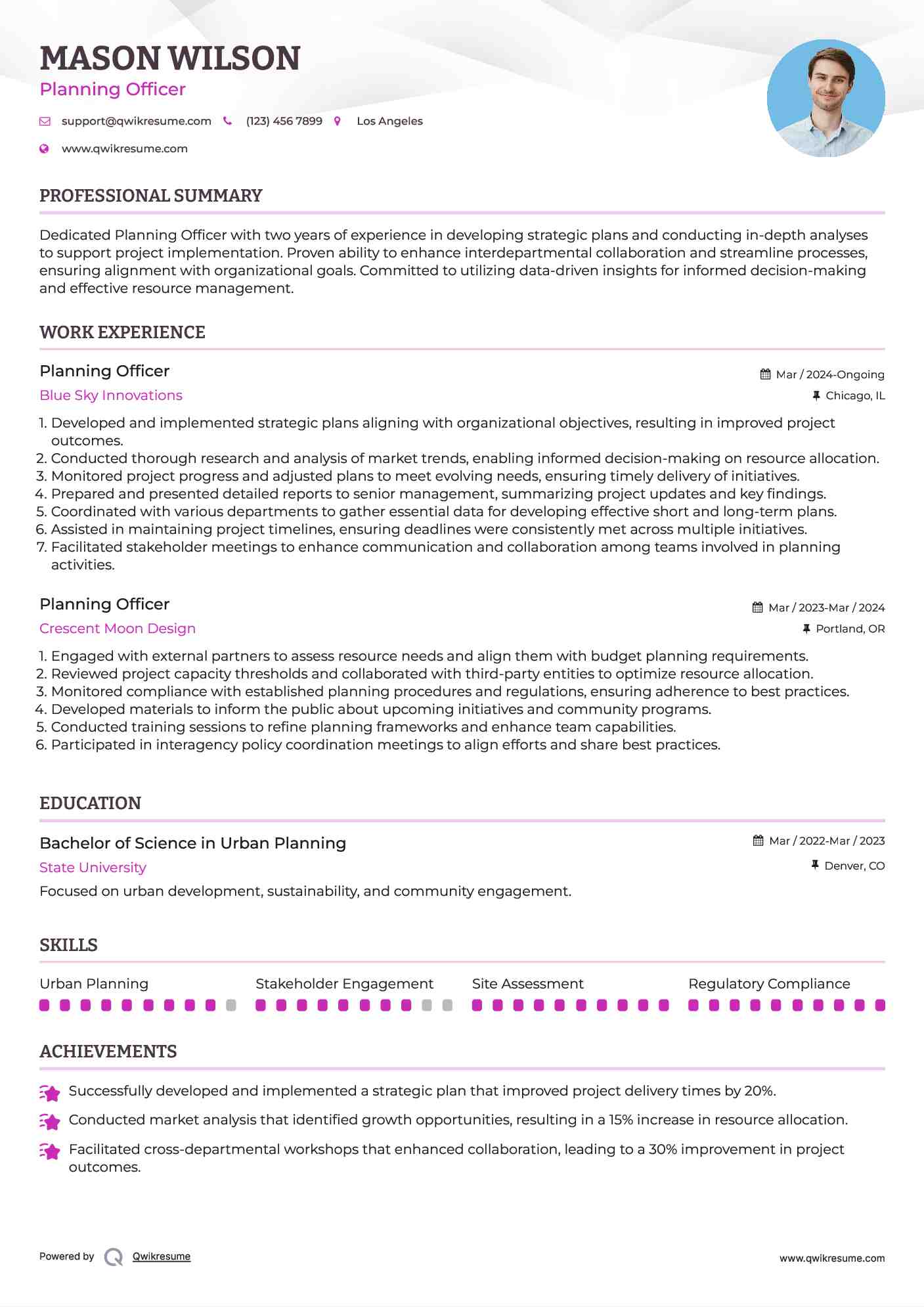 Planning Officer Resume Example