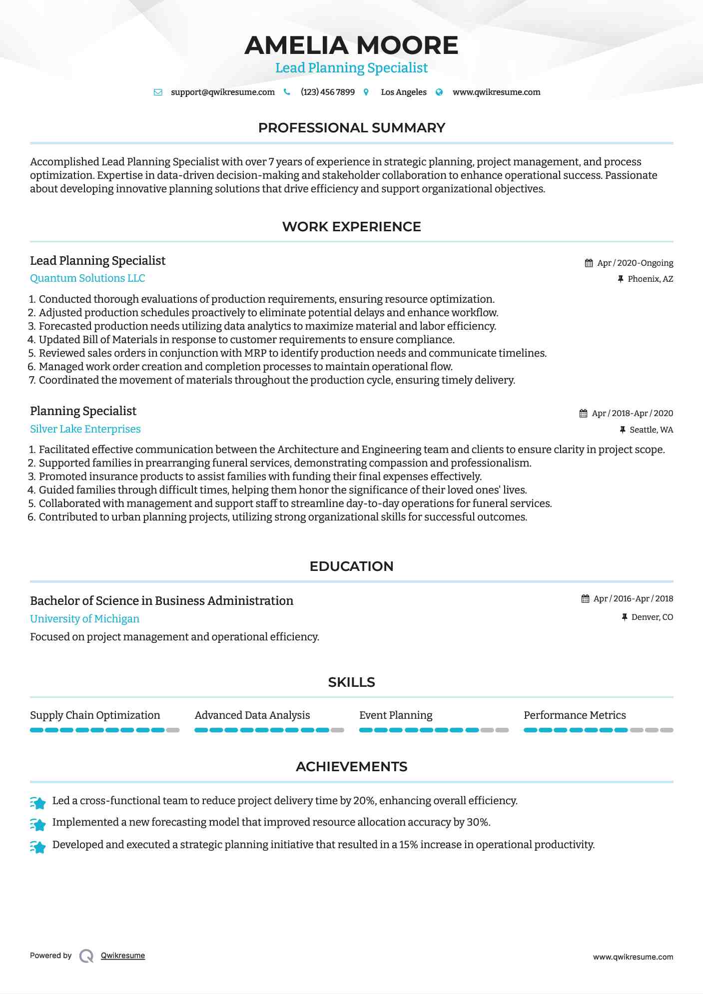 Lead Planning Specialist Resume Example