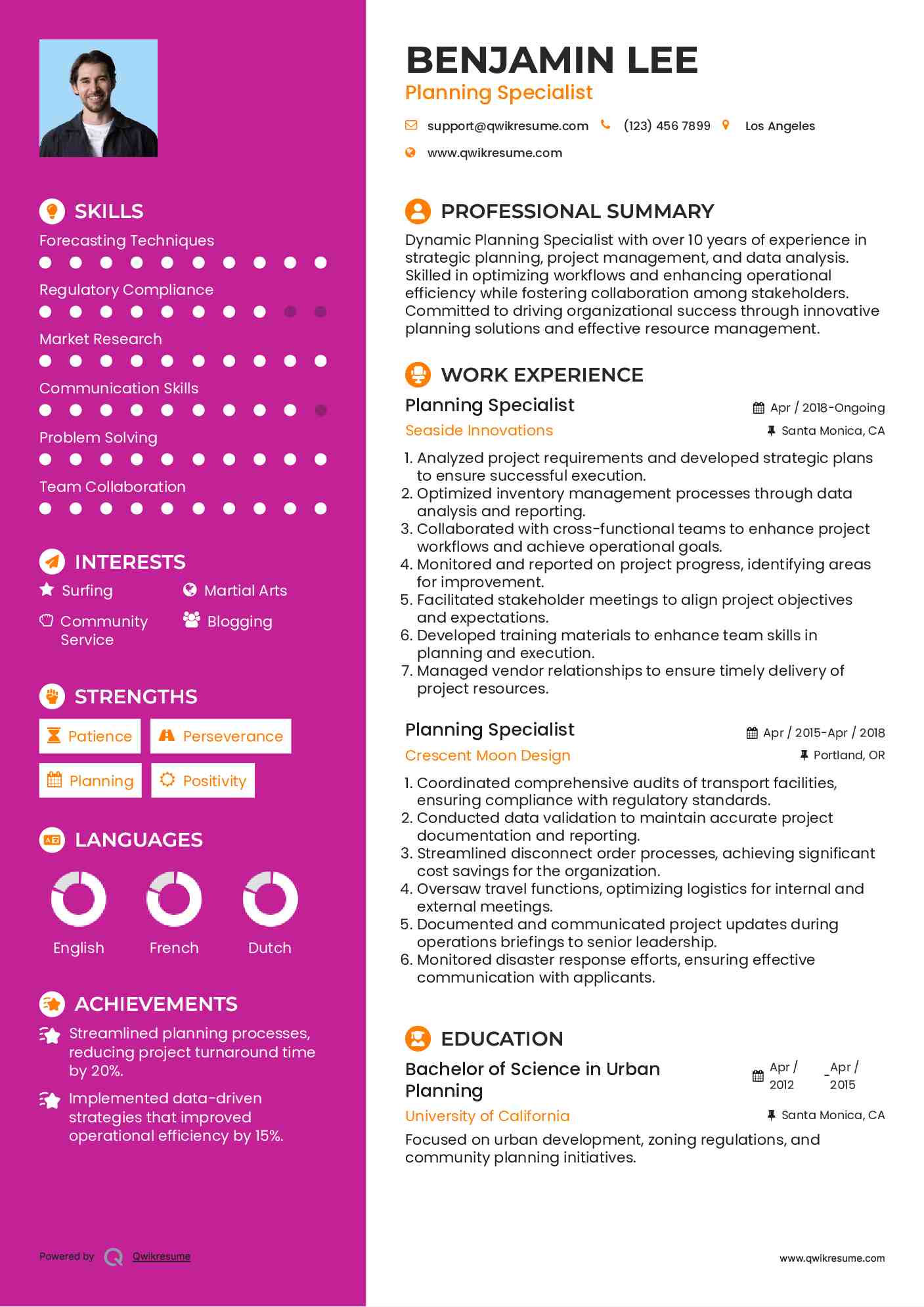 Planning Specialist Resume Template